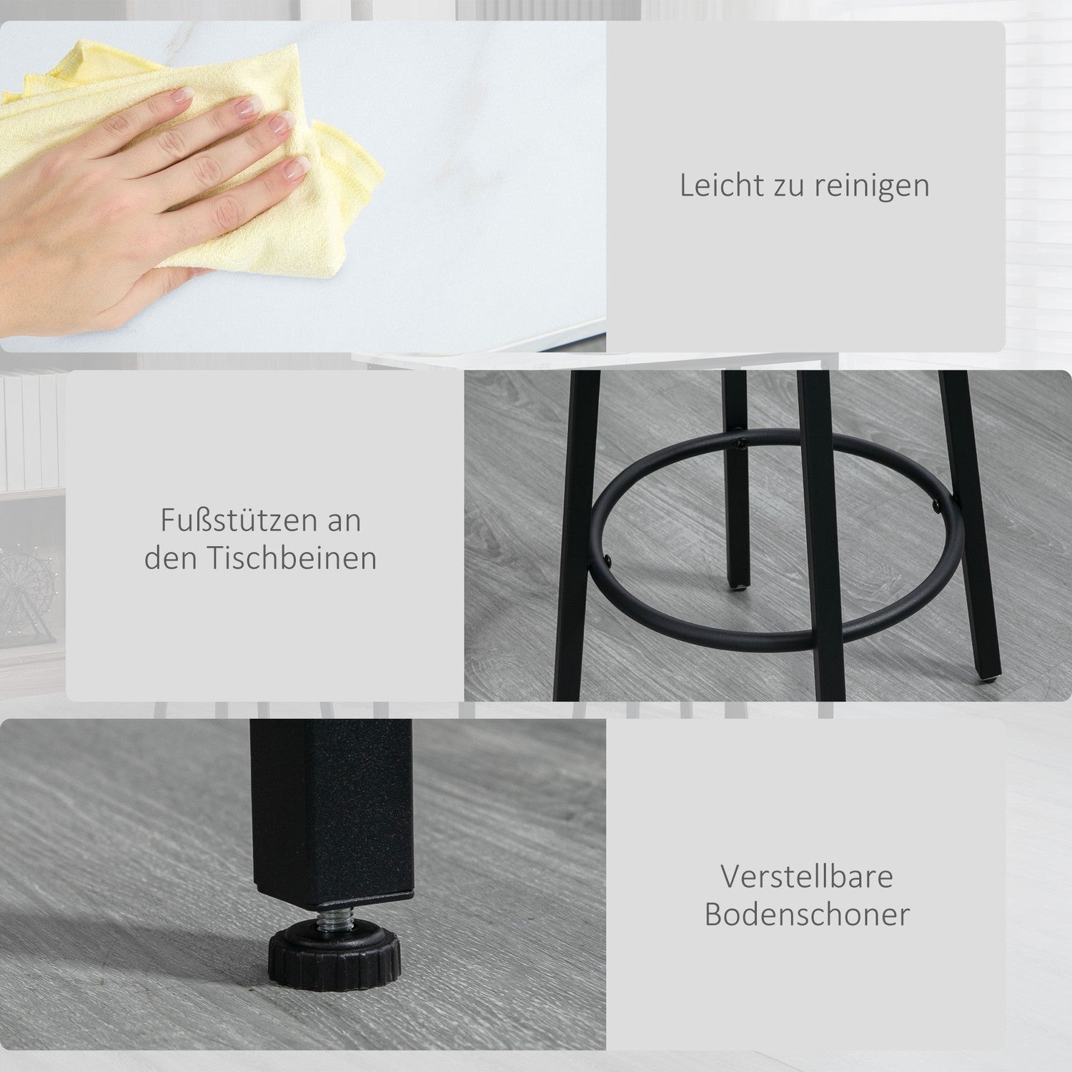 3-delat matbordsset i stål med vita och svarta pallar
