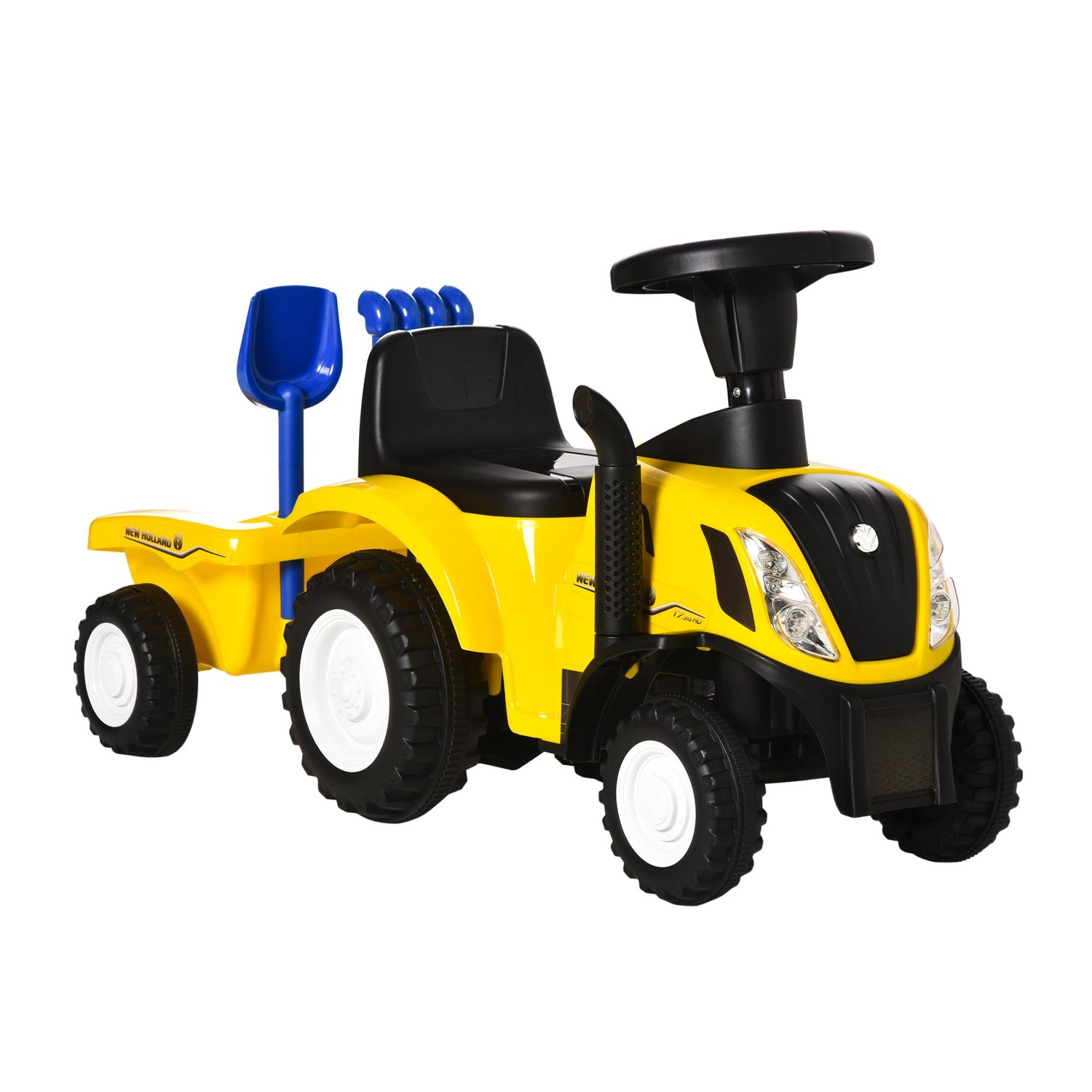 Gul åktraktor med släp och horn för barn