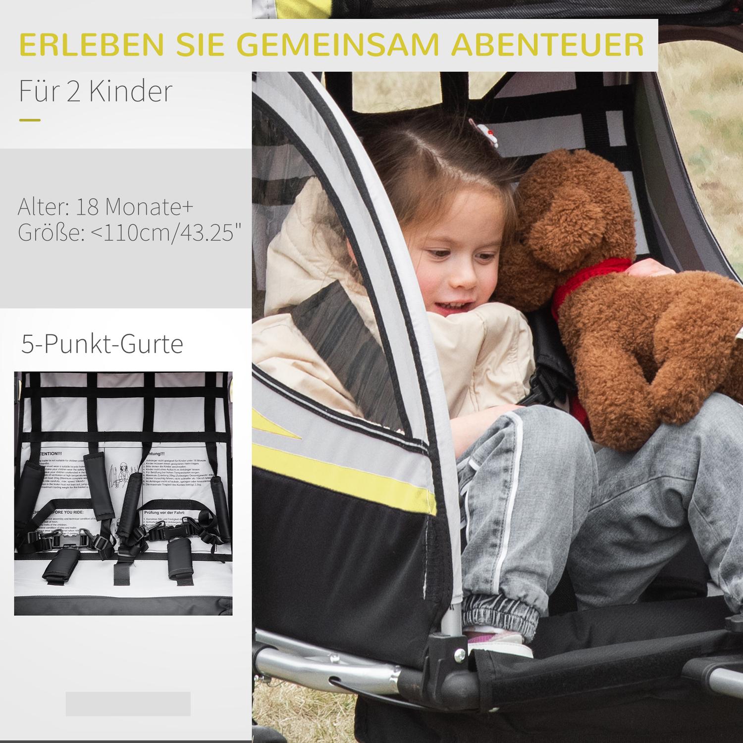 Barncykelvagn med fjädring & broms, gul/svart