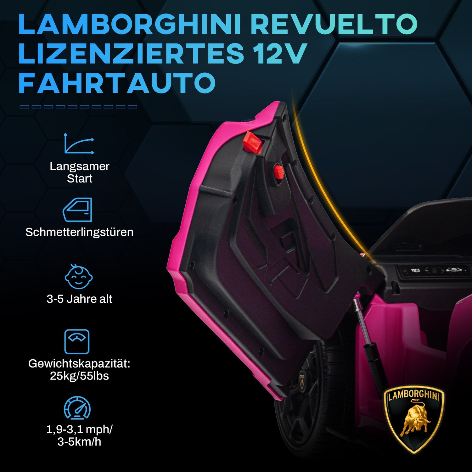 Barns 12V elbil med fjärrkontroll, musik och belysning