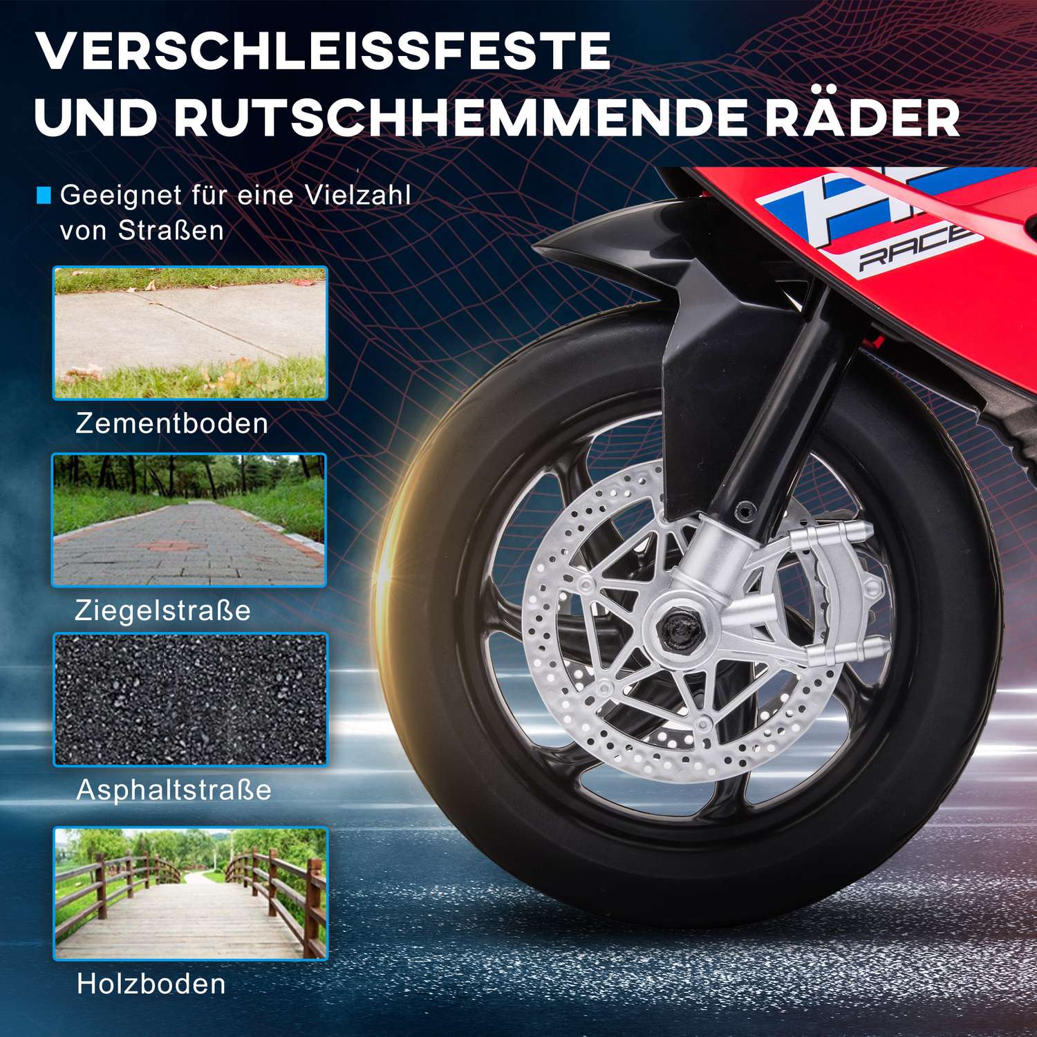 Barns 6V elmotorcykel, 3 musiklägen, röd