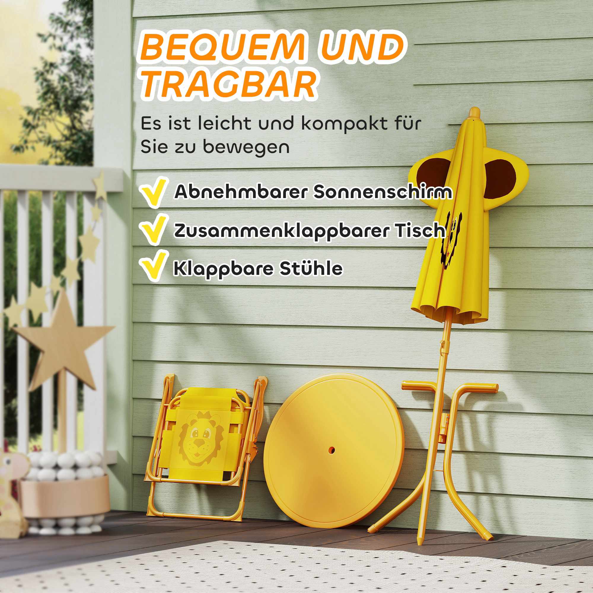 Barnens trädgårdsmöbelset, lejondesign, gul