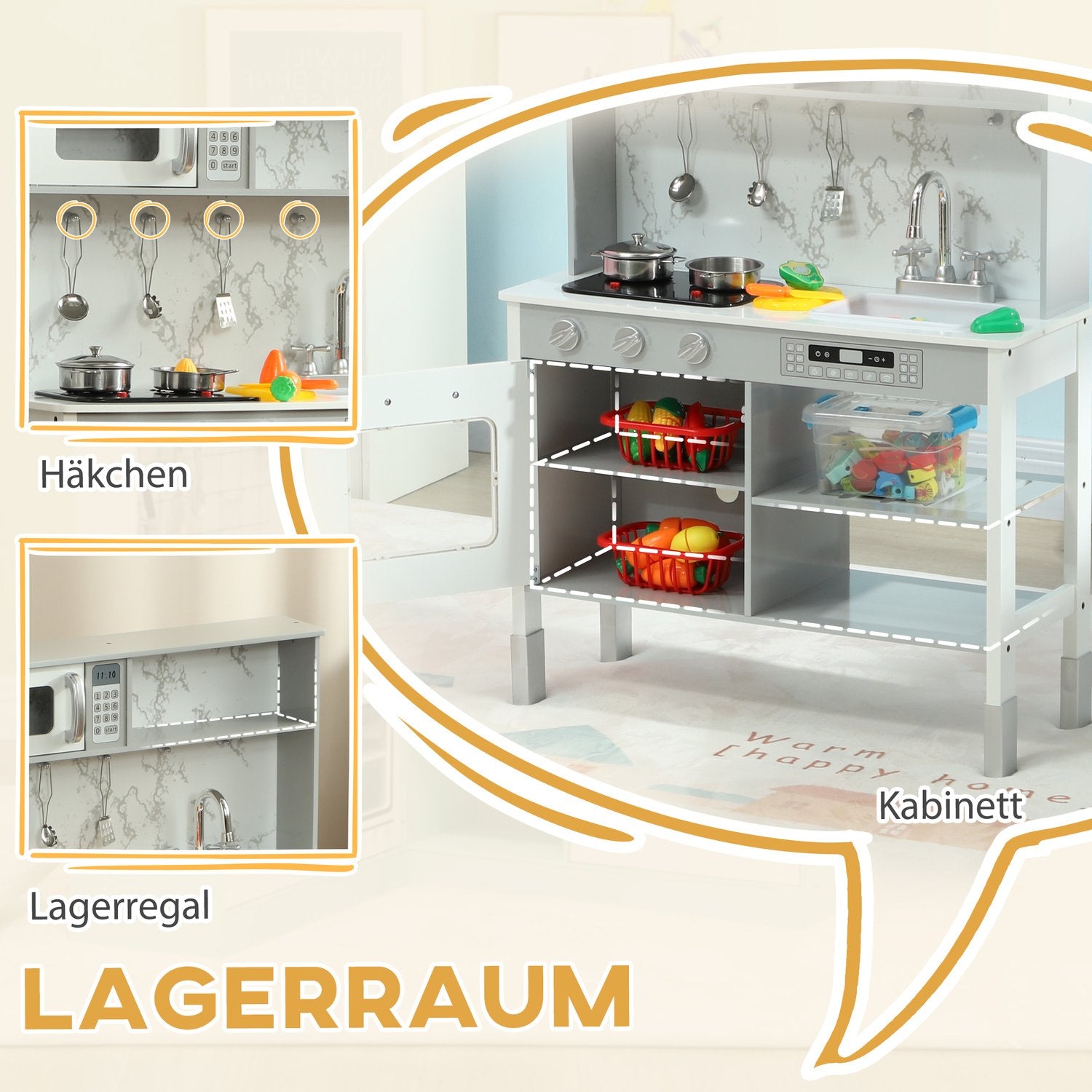 Justerbart lekkök för barn med spis och tillbehör