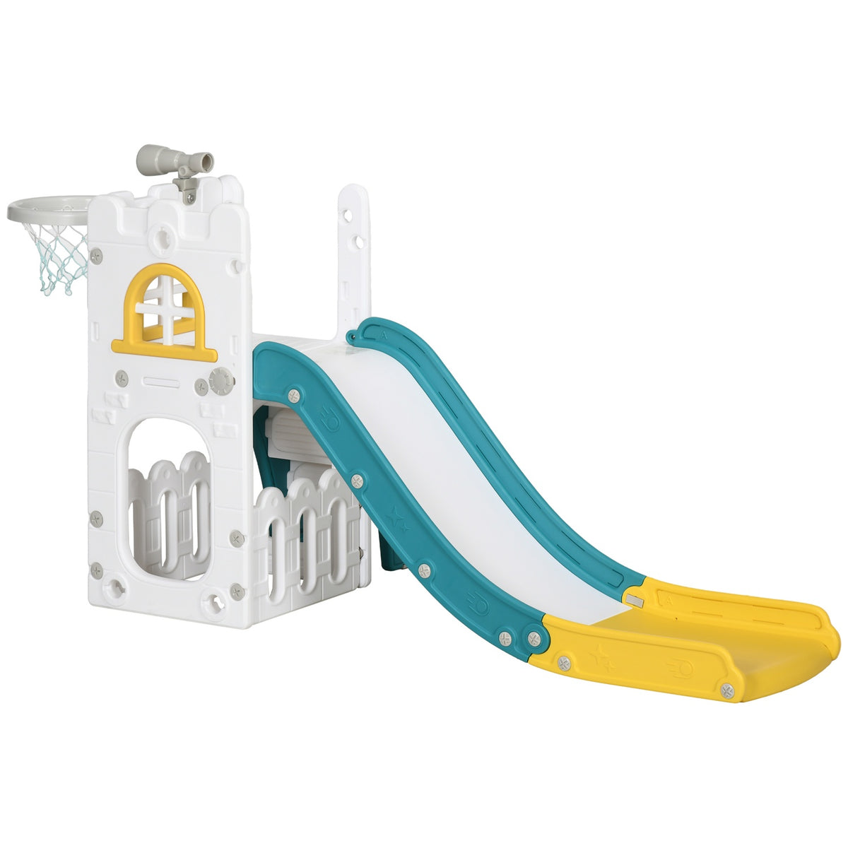 Kinderglijbaan, 4-in-1, peuterglijbaan met basketbalring, telescopisch klimrek geel 70 x 177 x 92 cm