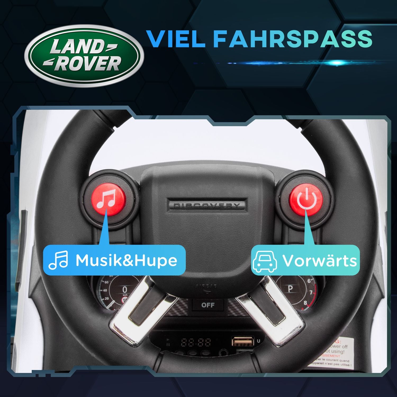 Barns 2-i-1 elbil med musik och lampor, vit