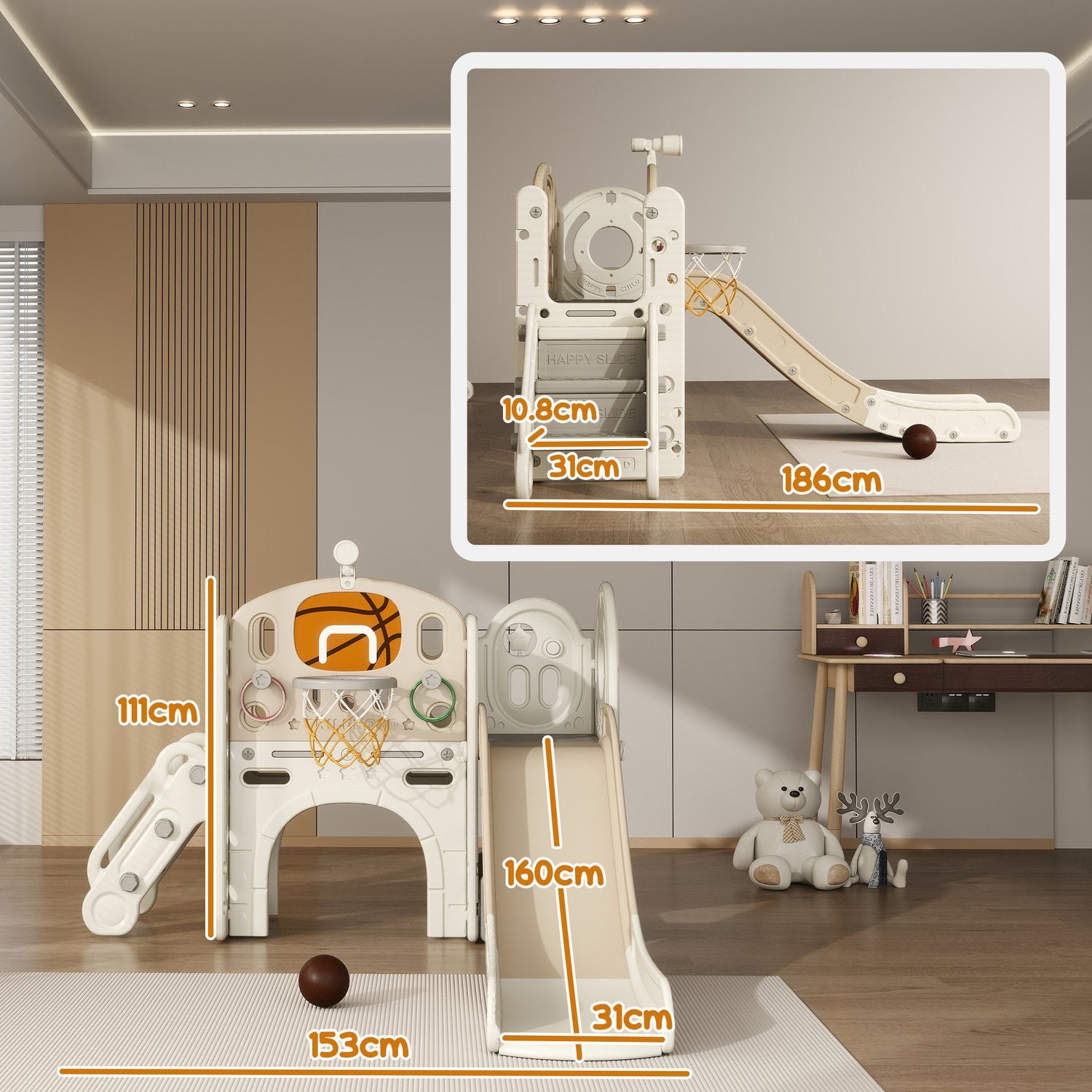 Barns 7-i-1 rutschkana klätterställning med basketbåge