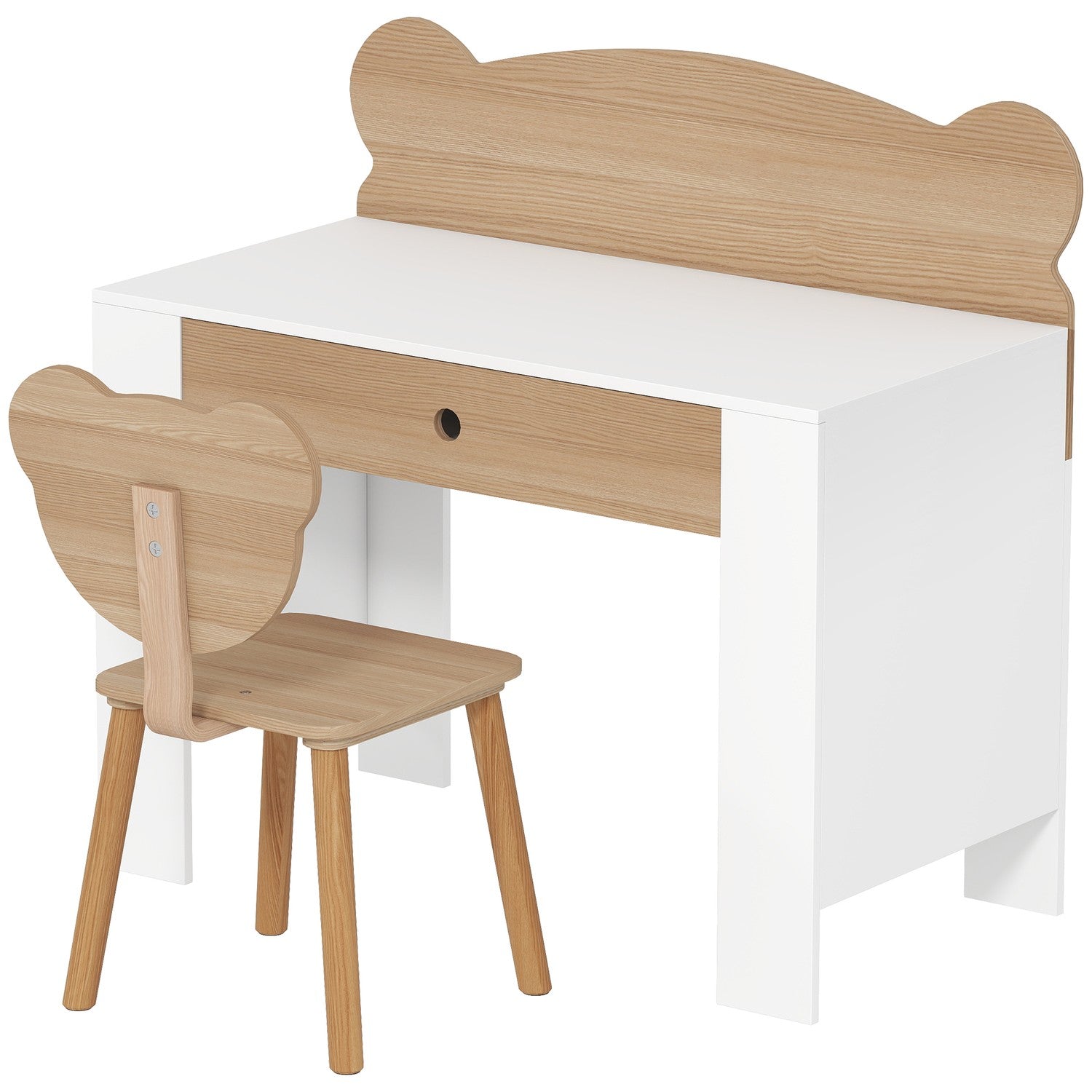 Kinderbureau set, bureau en stoel in de vorm van een beer met lade, voor schrijven en knutselen, 3-8 jaar, natuurlijk hout