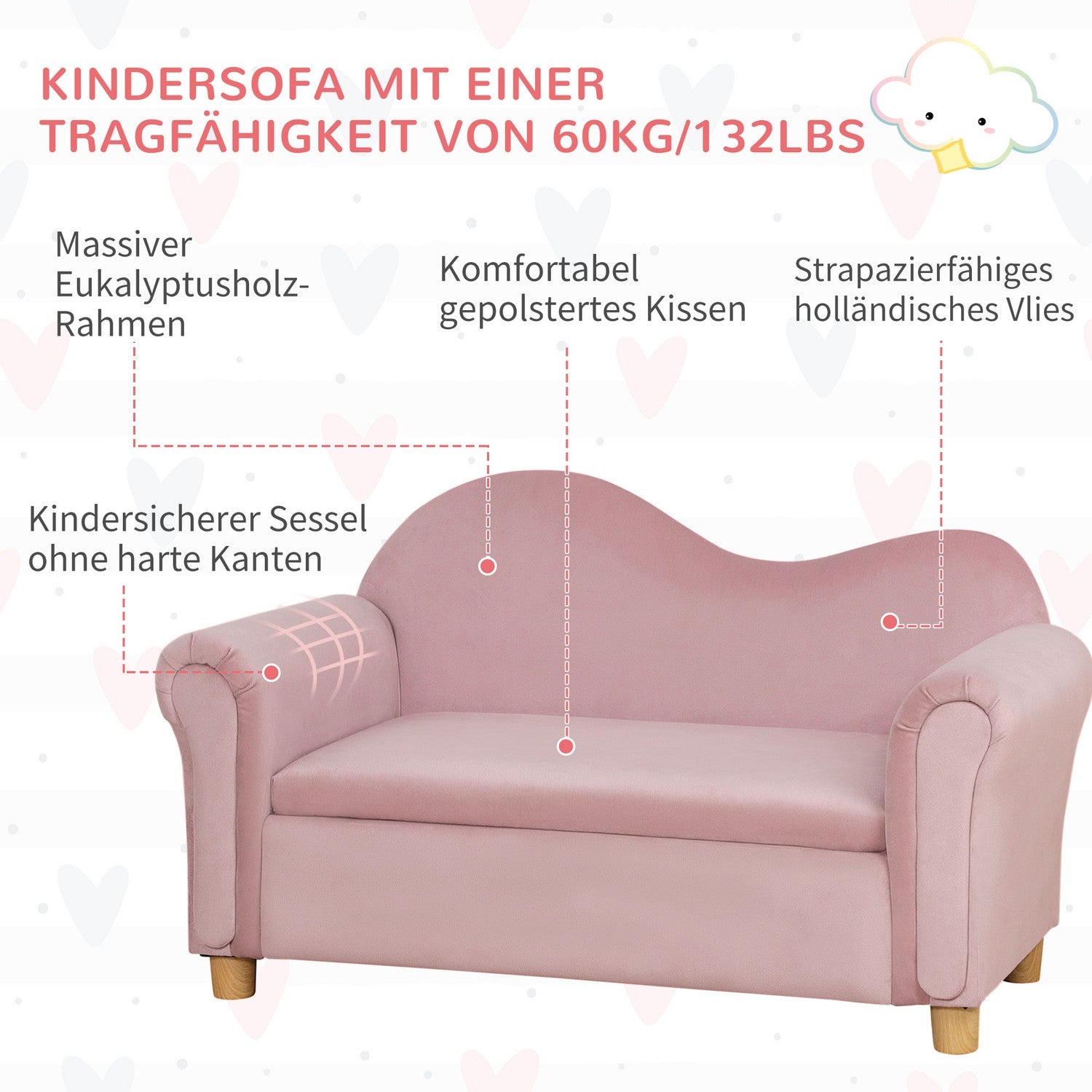Rosa fleece-soffa för barn med förvaring, 2-sits, 3-5 år