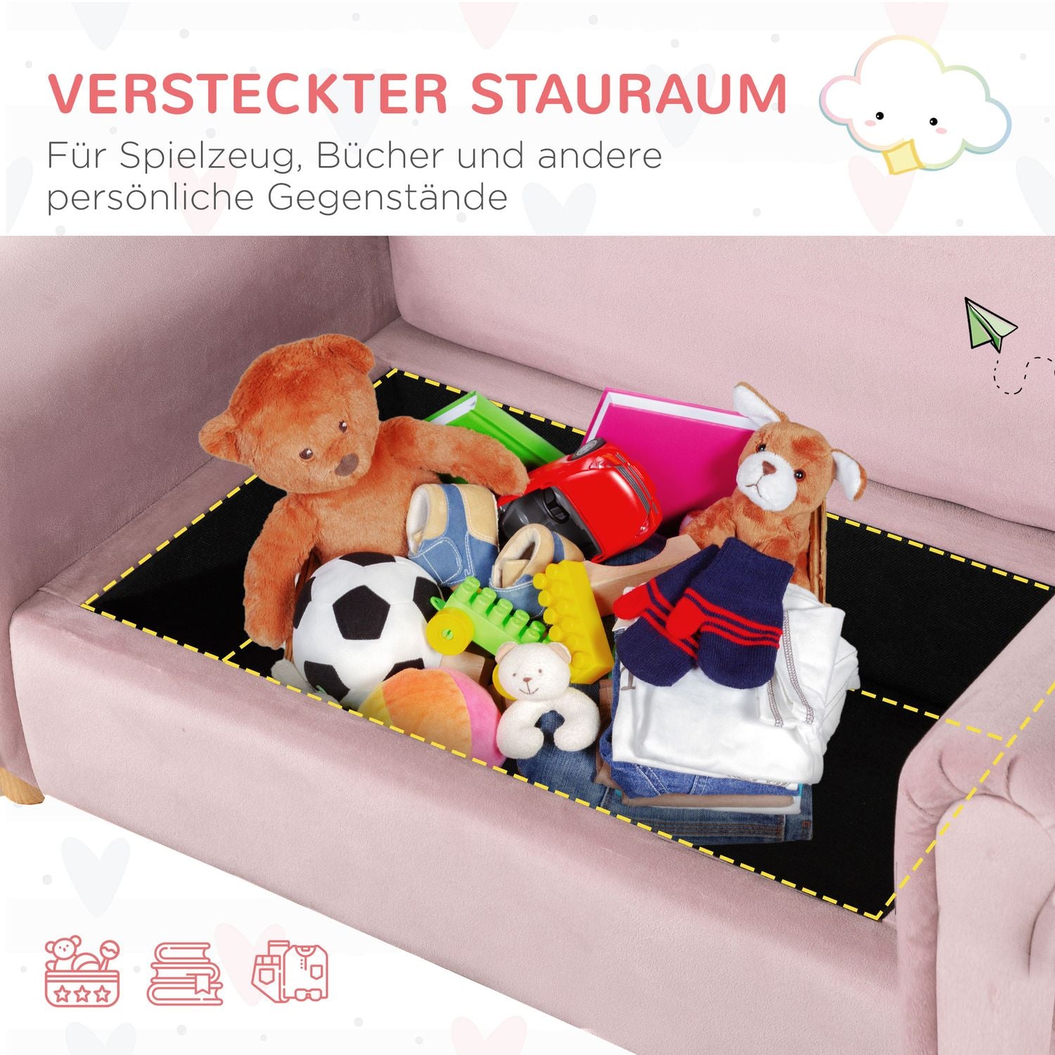 Rosa fleece-soffa för barn med förvaring, 2-sits, 3-5 år