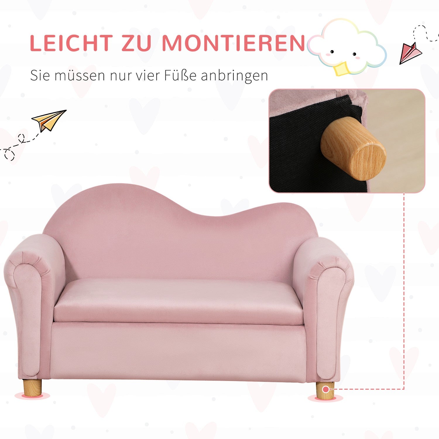 Rosa fleece-soffa för barn med förvaring, 2-sits, 3-5 år