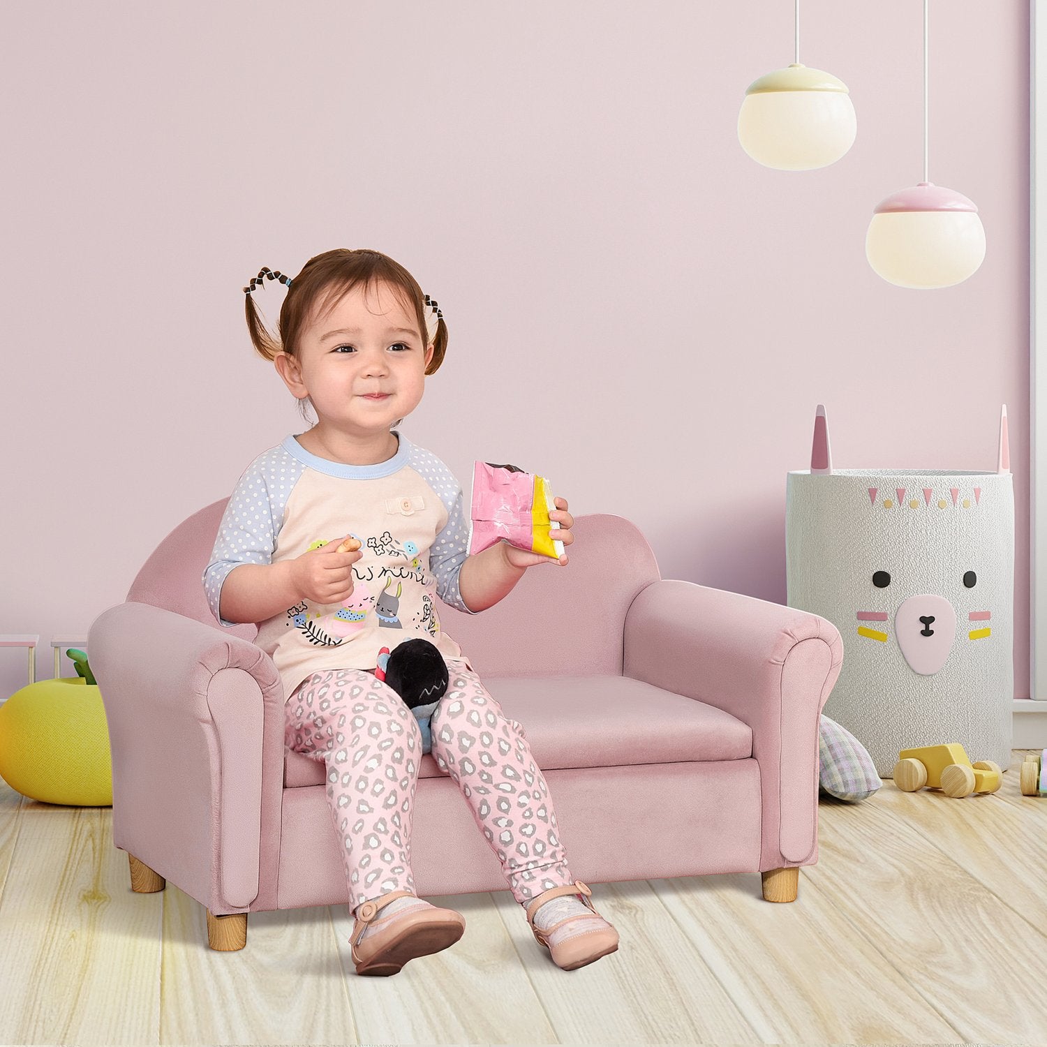 Rosa fleece-soffa för barn med förvaring, 2-sits, 3-5 år