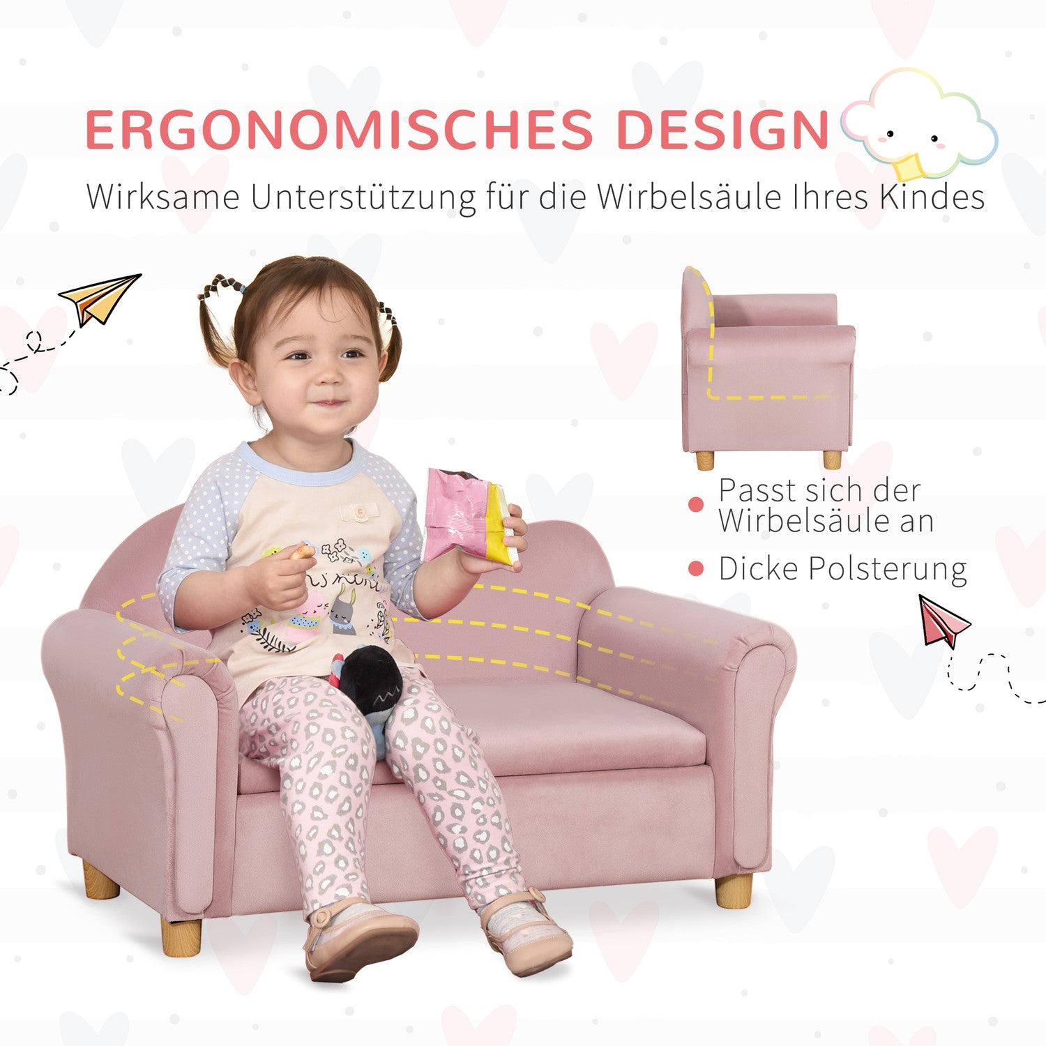 Rosa fleece-soffa för barn med förvaring, 2-sits, 3-5 år