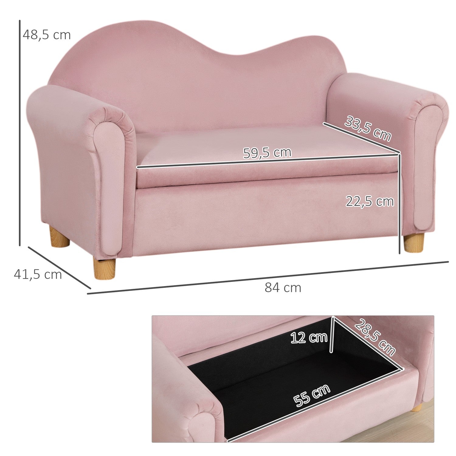 Rosa fleece-soffa för barn med förvaring, 2-sits, 3-5 år