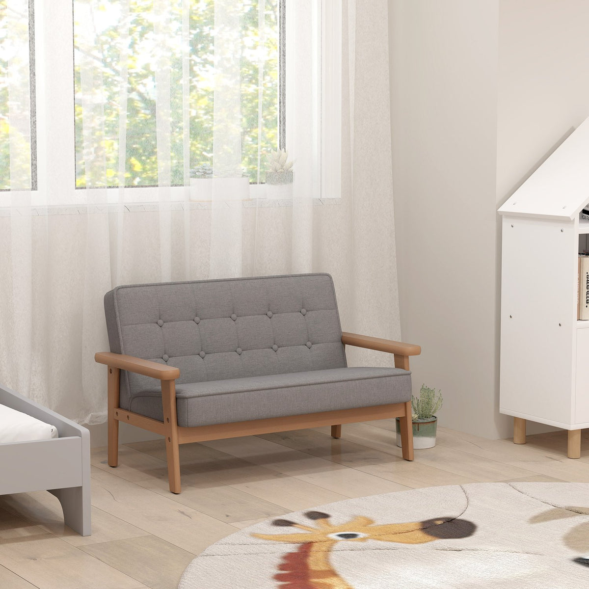 Barnsoffa, sammetslook, träram, åldrar 3-15, grå