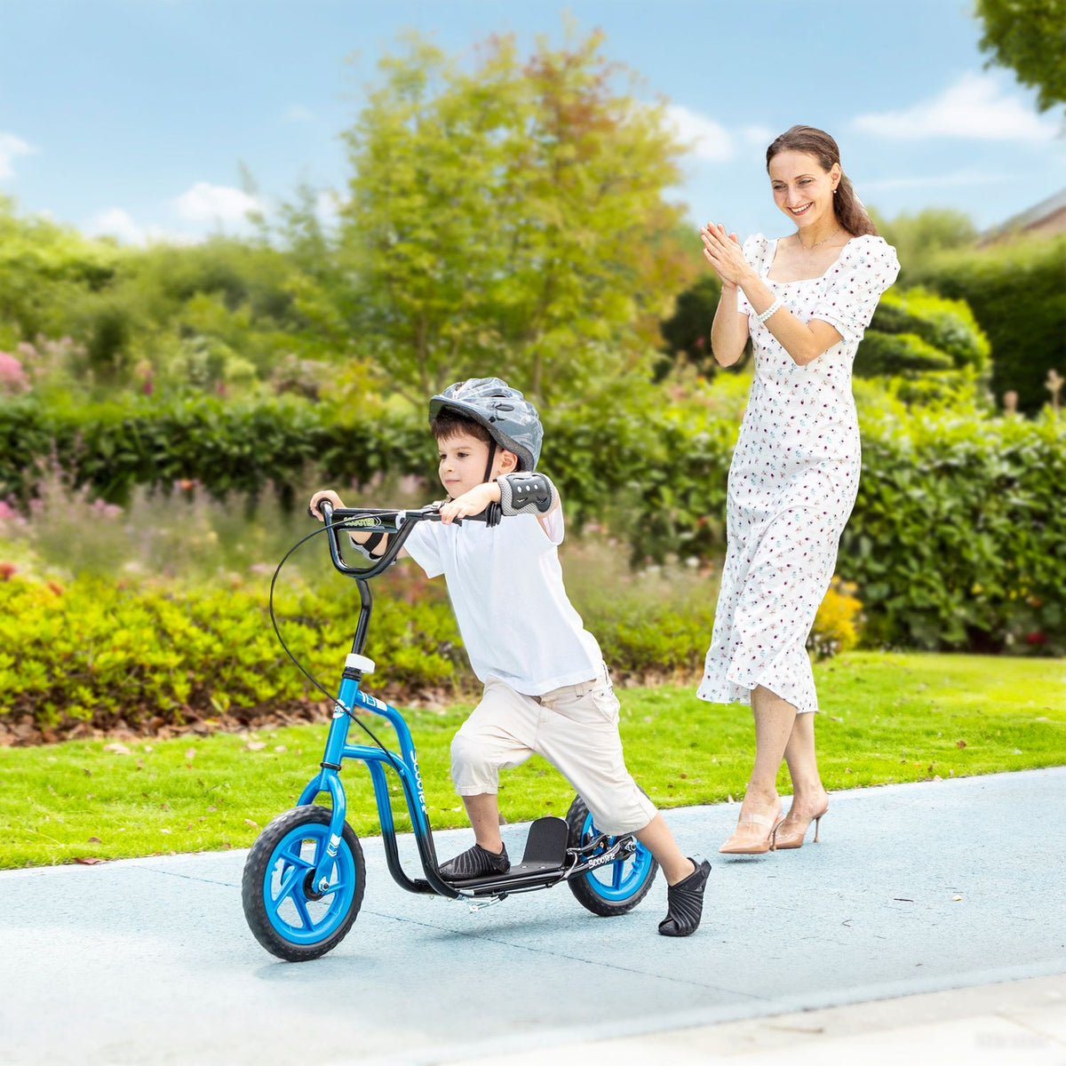 Barnsparkcykel, justerbart styre, stora hjul, blå