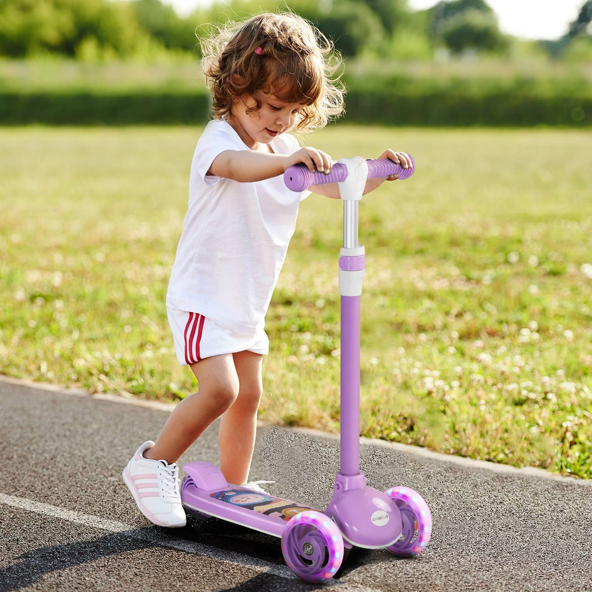 Barnsparkcykel med LED-hjul, justerbar höjd, lila