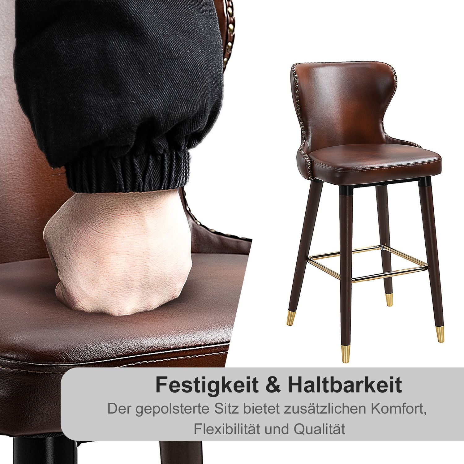 Barstolar Set om 2, PU-läder, med ryggstöd och fotstöd, brun