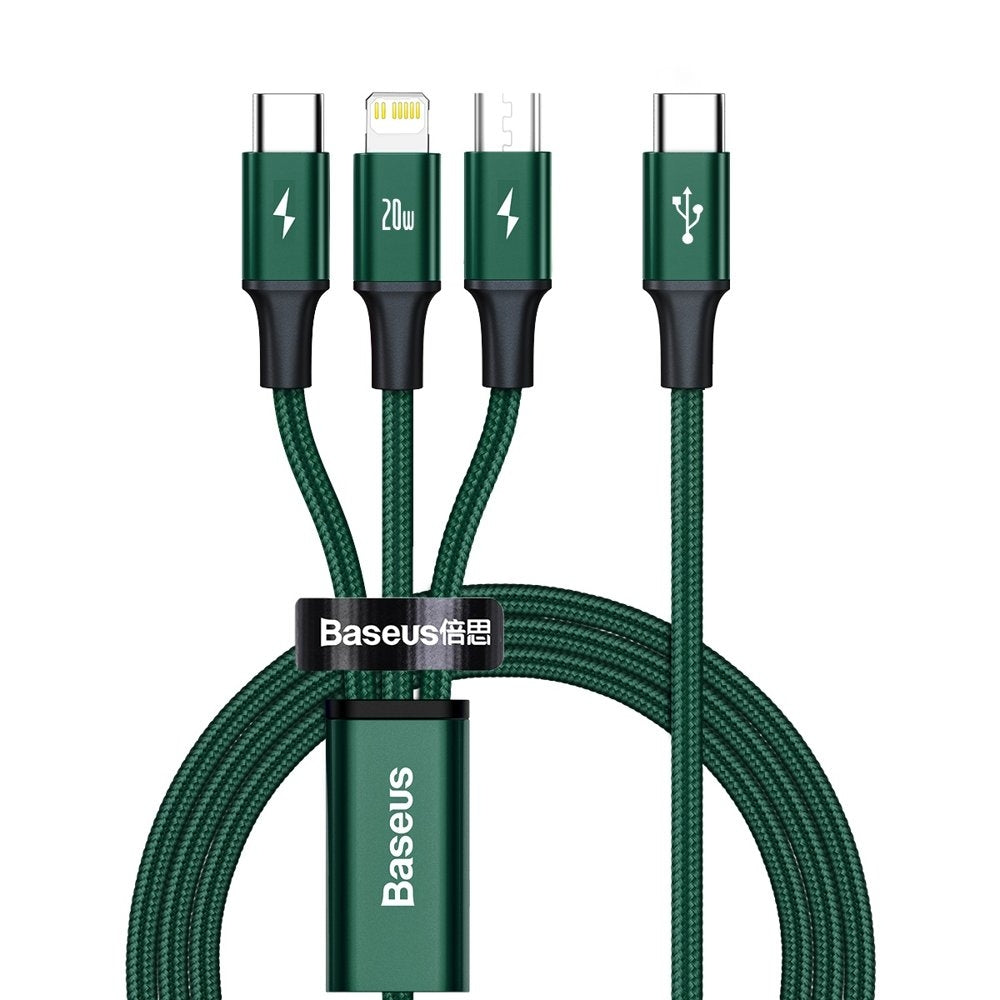 Baseus Rapid 3-i-1 USB-C till Lightning/Micro/USB-C 20W, 1,5 m - Grön