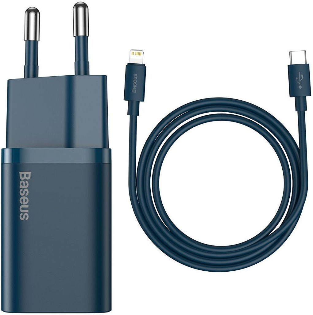 Baseus Super Si snabbladdare, 1C, 20W, EU, med snabbladdningsdatakabel USB-C till Lightning, 20W, 1m - Blå