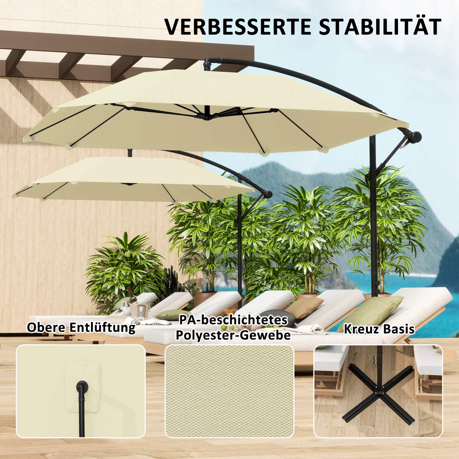 Beige 260 cm fribärande aluminiumparaply – Vattentätt & lutningsbart