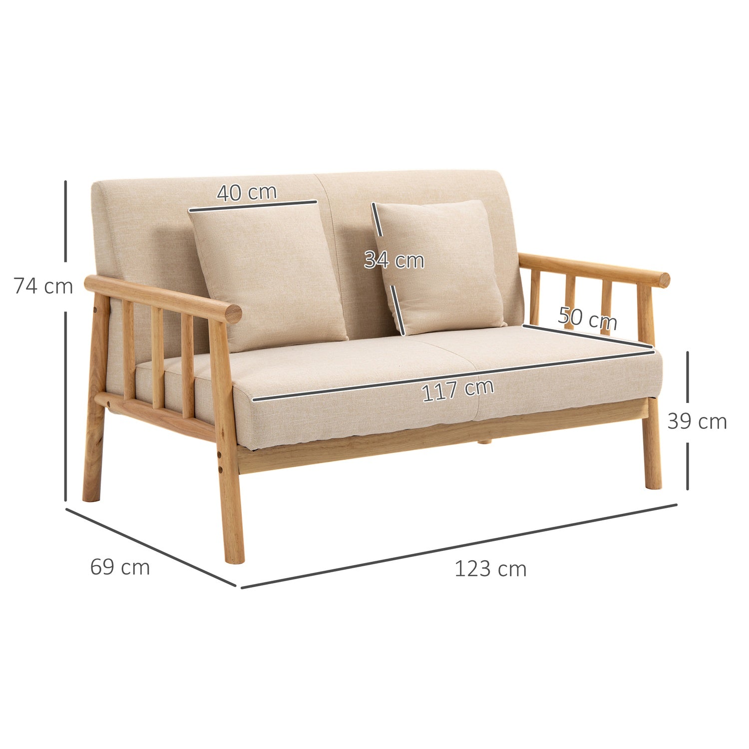Beige 2-sits soffa med kuddar, linne-look, kompakt
