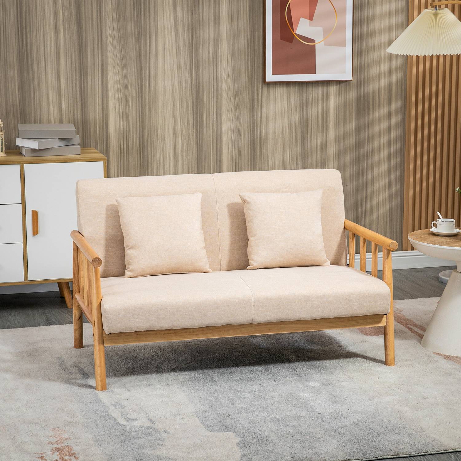 Beige 2-sits soffa med kuddar, linne-look, kompakt