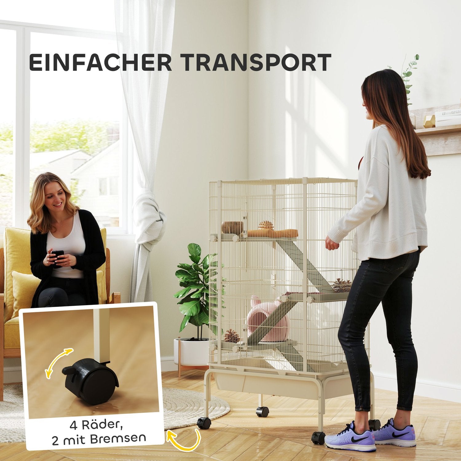 Beige bur för smådjur med tillbehör och utdragbar bricka