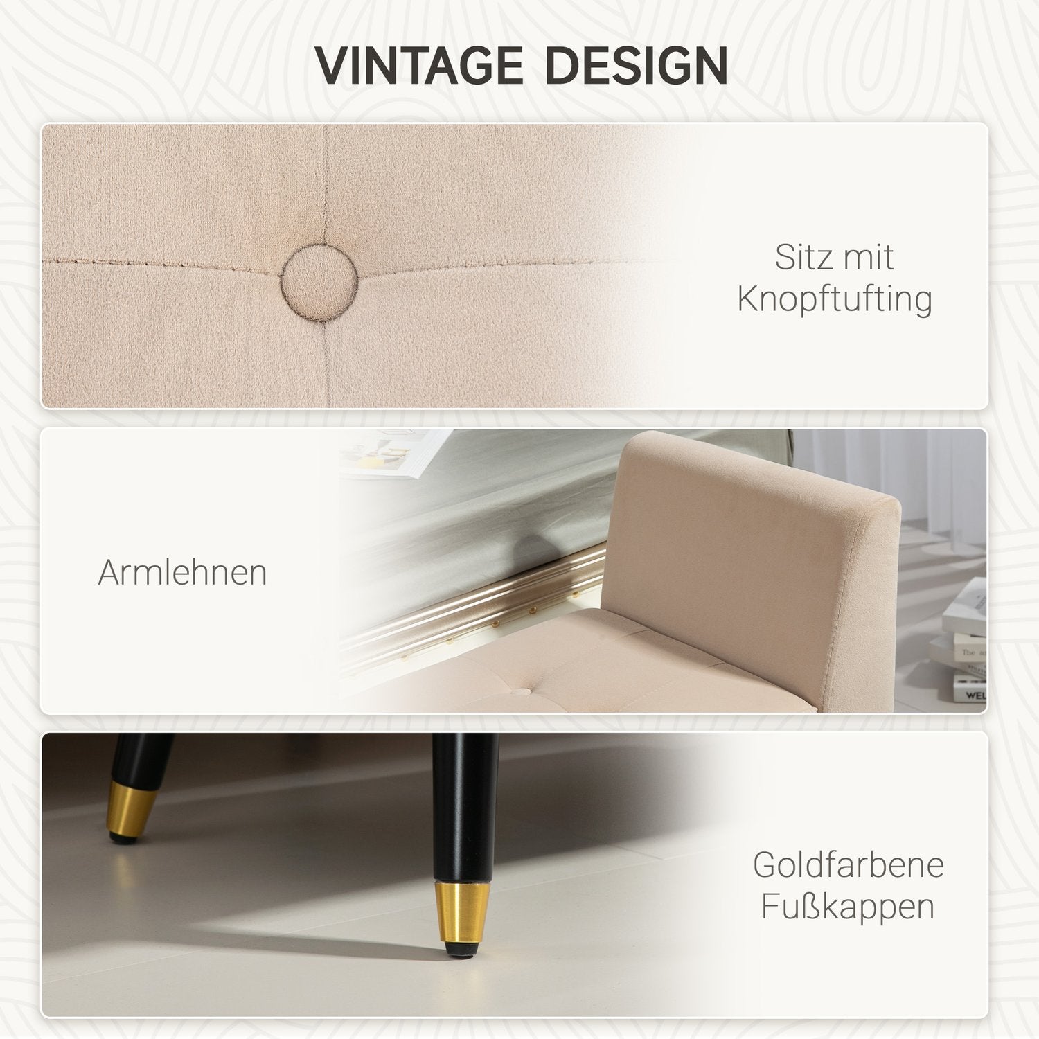 Beige stoppad förvaringsbänk med armstöd – sammetsfinish