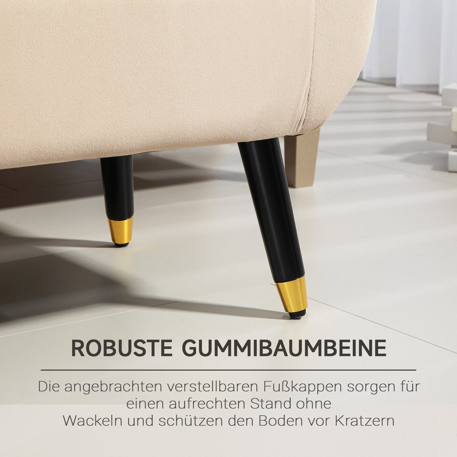 Beige stoppad förvaringsbänk med armstöd – sammetsfinish