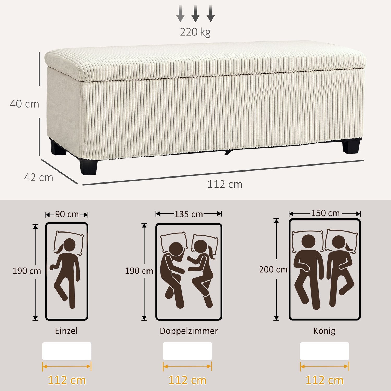 Beige stoppad förvaringsbänk, stålben, 112 x 42 x 40 cm