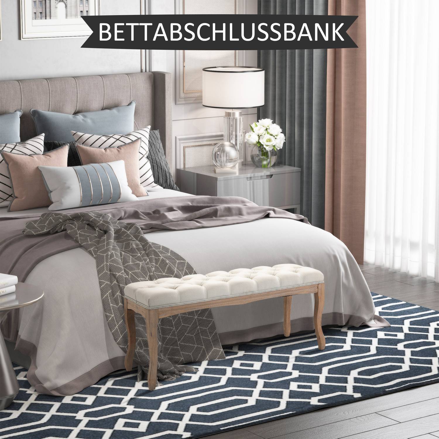 Beige stoppad gummiträbänk – vintagestil, 110x40x48Cm