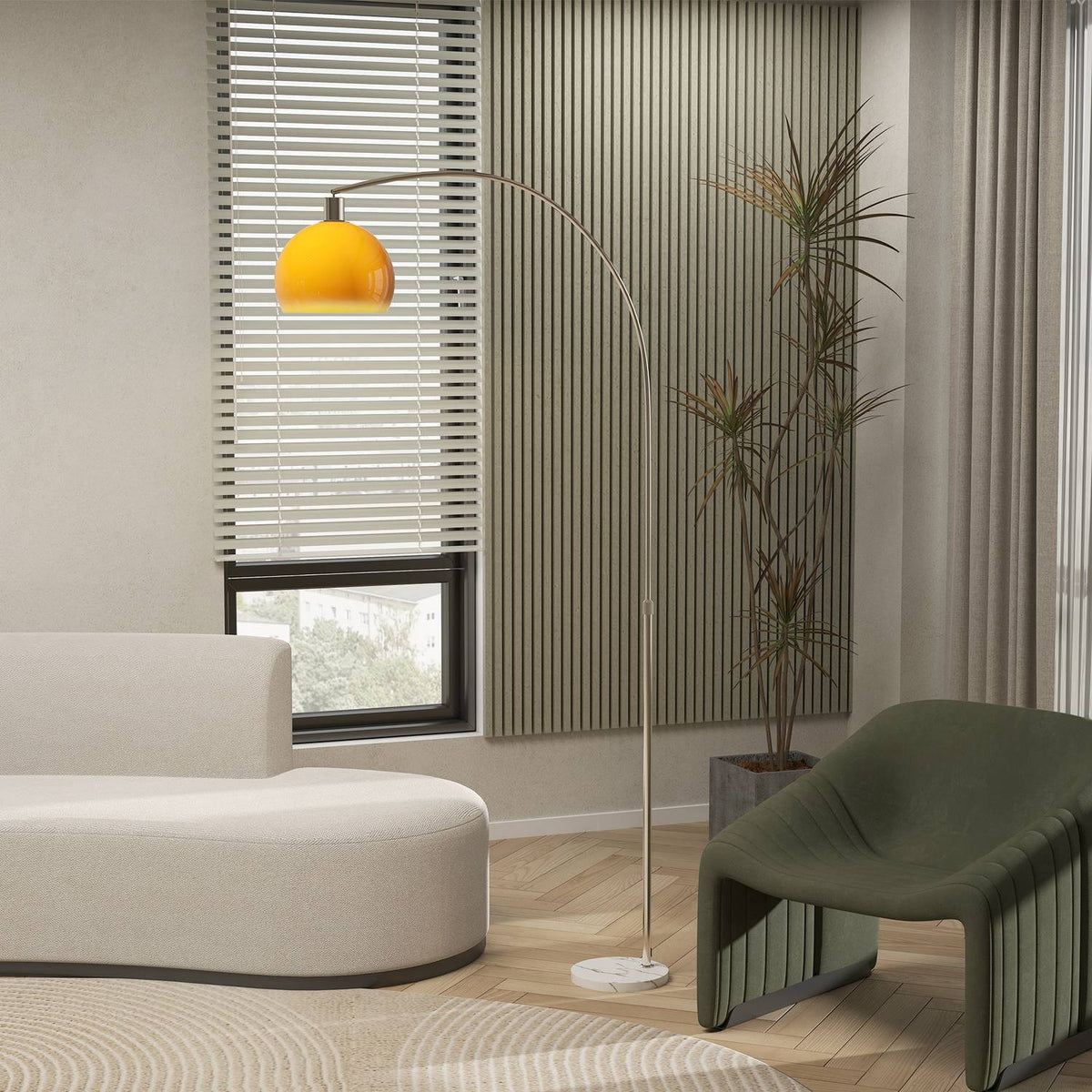 Boogvloerlamp met voetpedaal, marmeren voet, wit/oranje