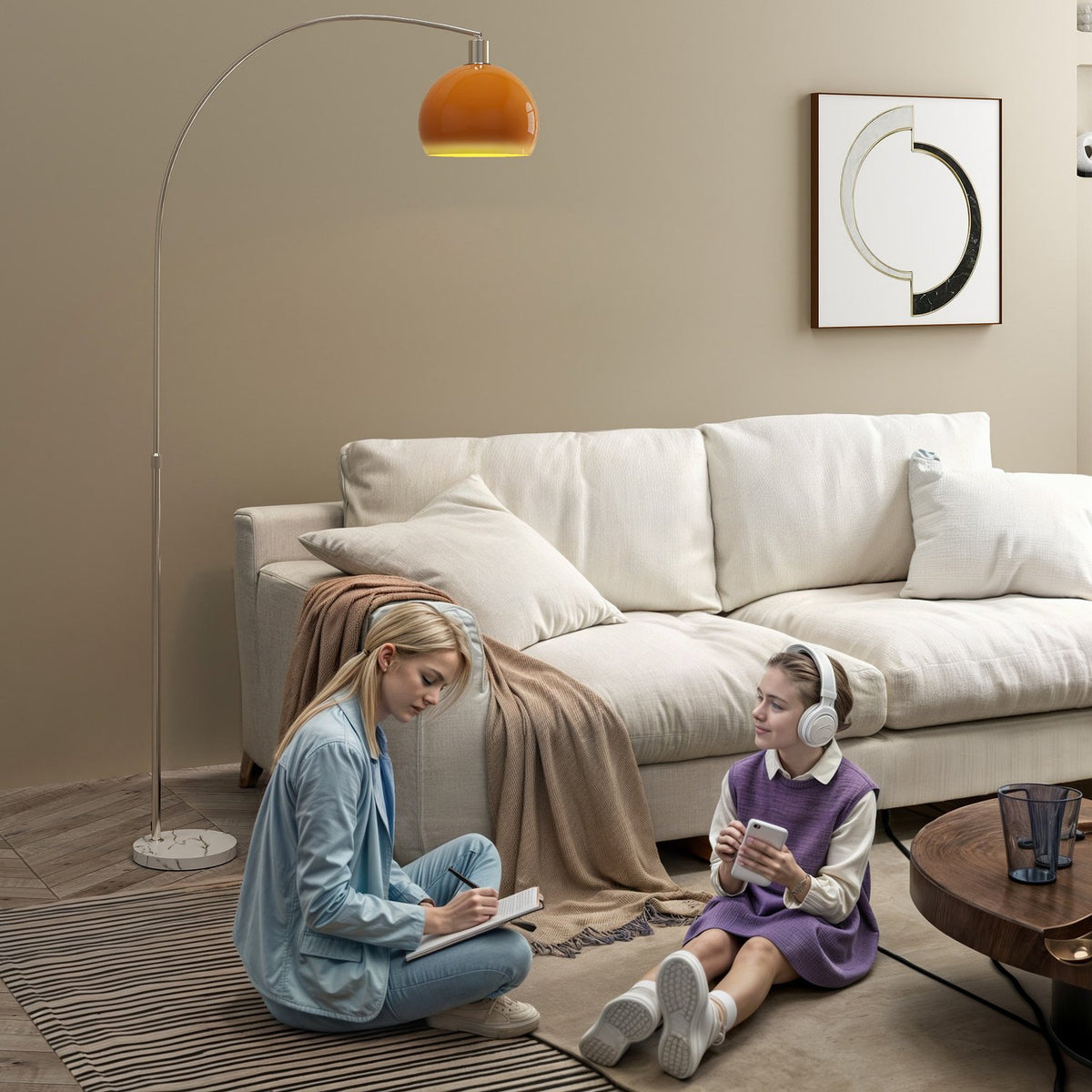 Boogvloerlamp met voetpedaal, marmeren voet, wit/oranje
