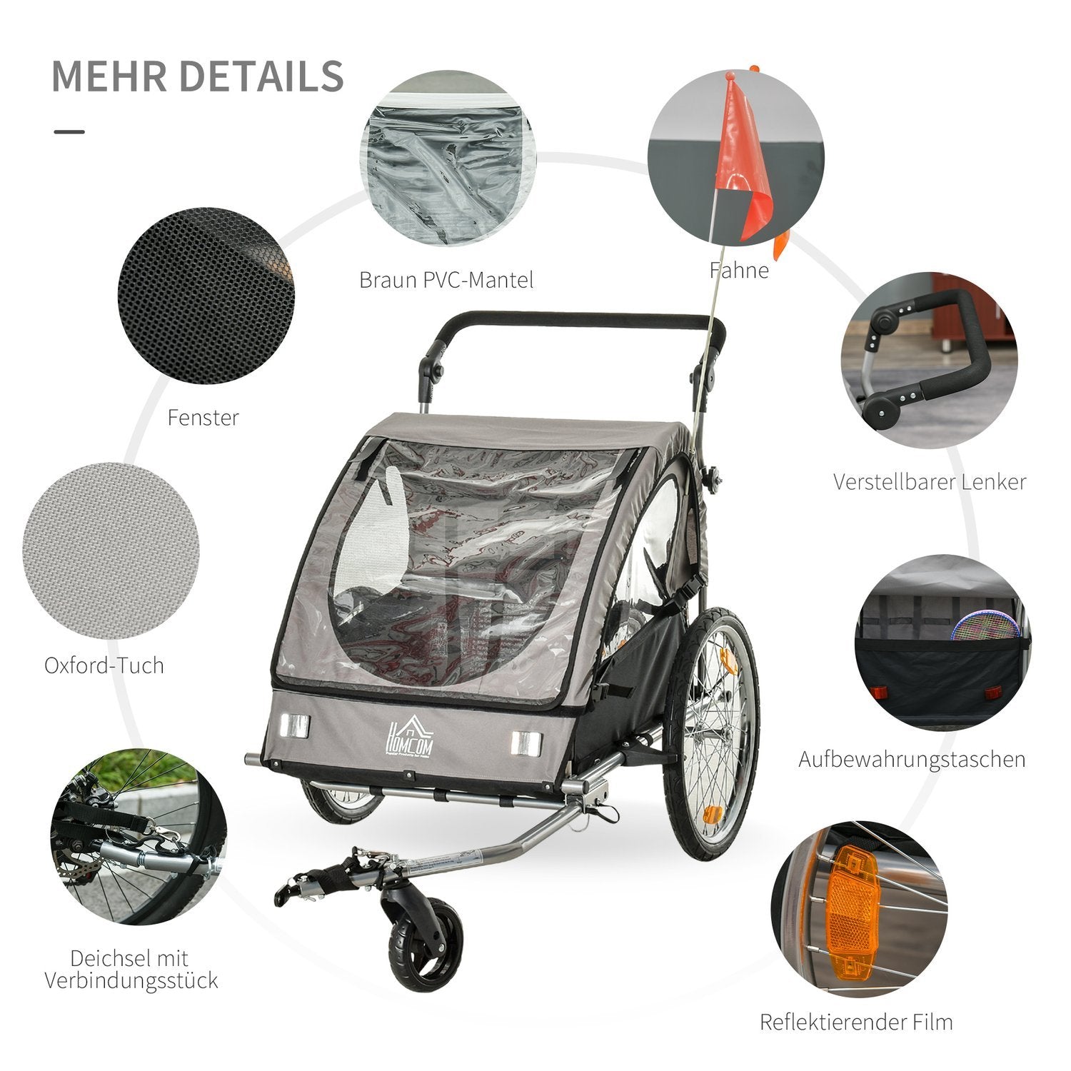 Cykelvagn Jogger Barnvagn 360° Vridbar Med Fempunktsbälte Grått + Svart 160 X 84 X 106 Cm