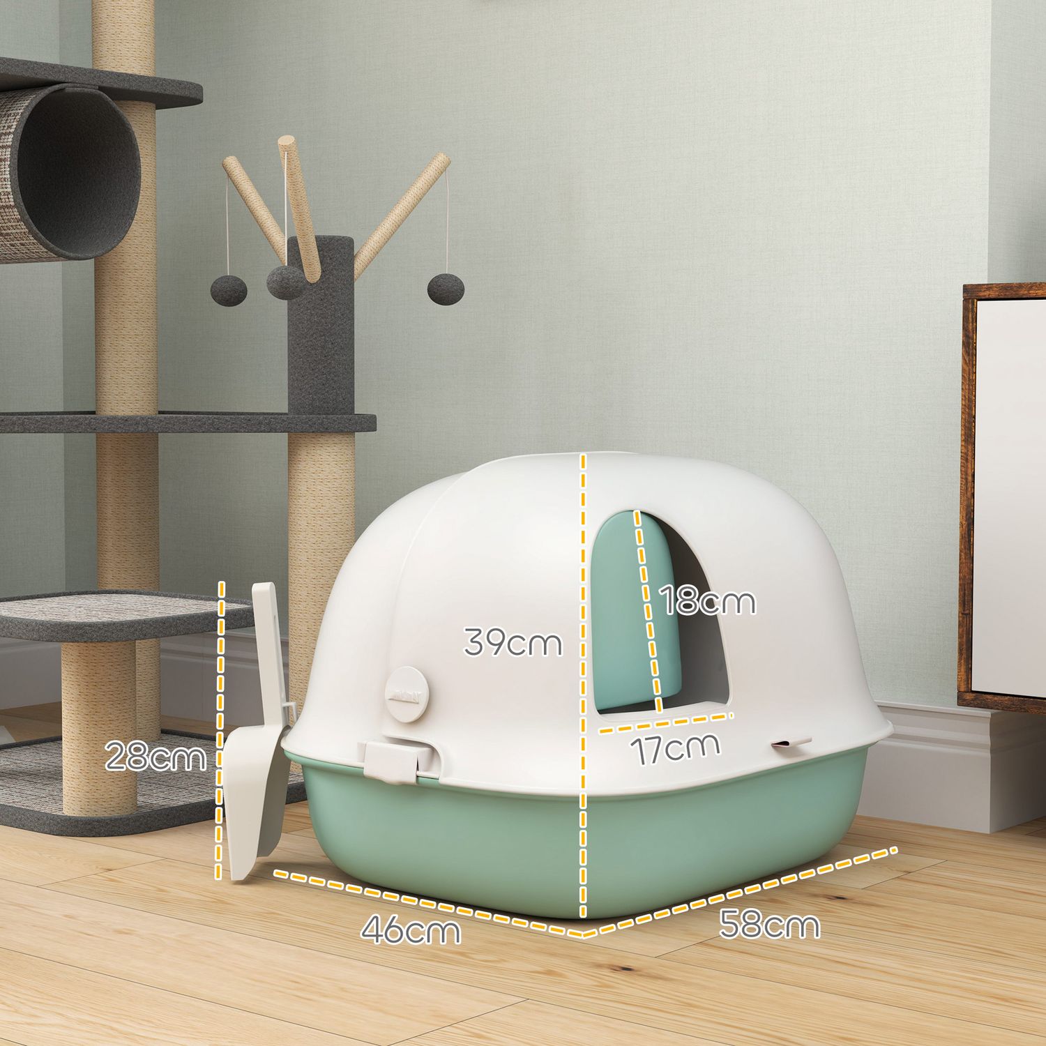 Bifogad grön kattsandlåda med sikt och lock