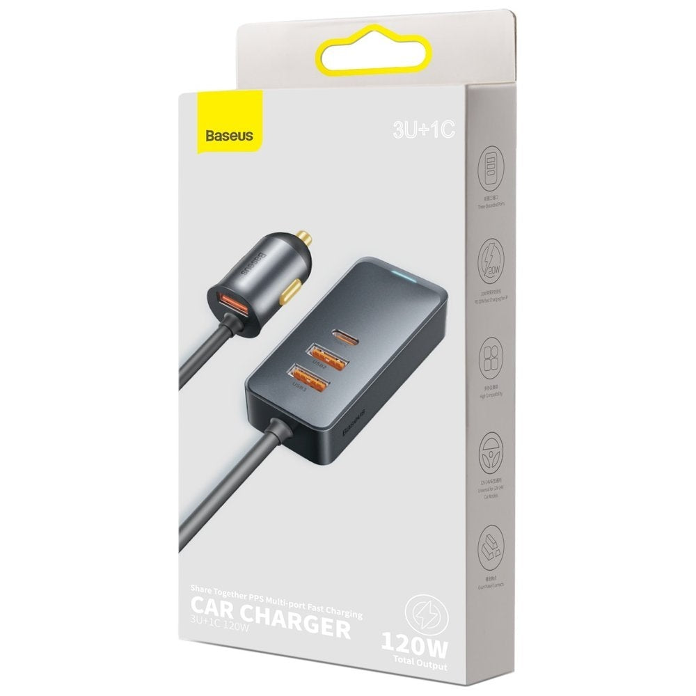 Billaddare splitter 3x USB + USB-C 120W PPS QC PD grå
