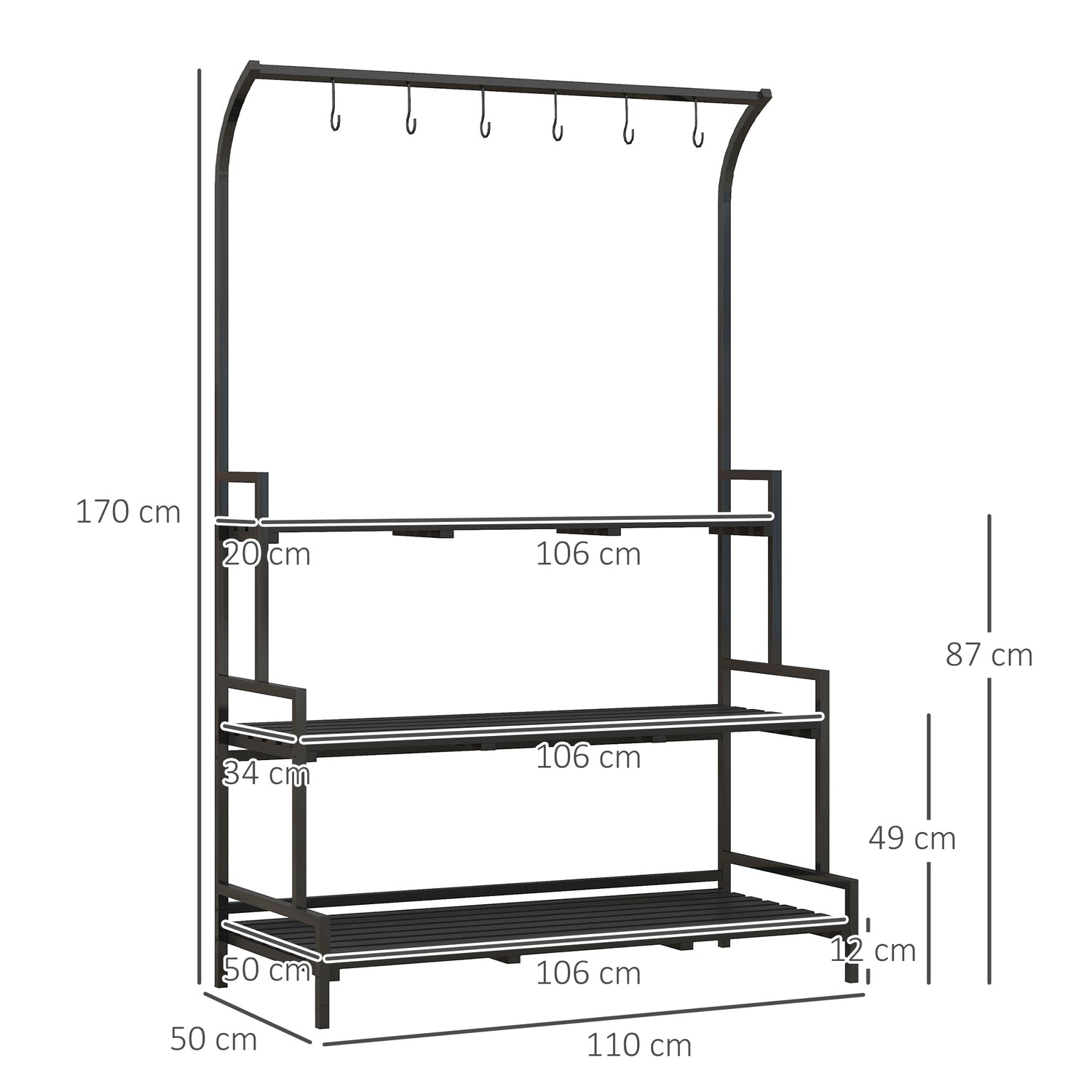 Black Steel Plant Stand – 3 våningar, 6 krokar, 110x50x170cm