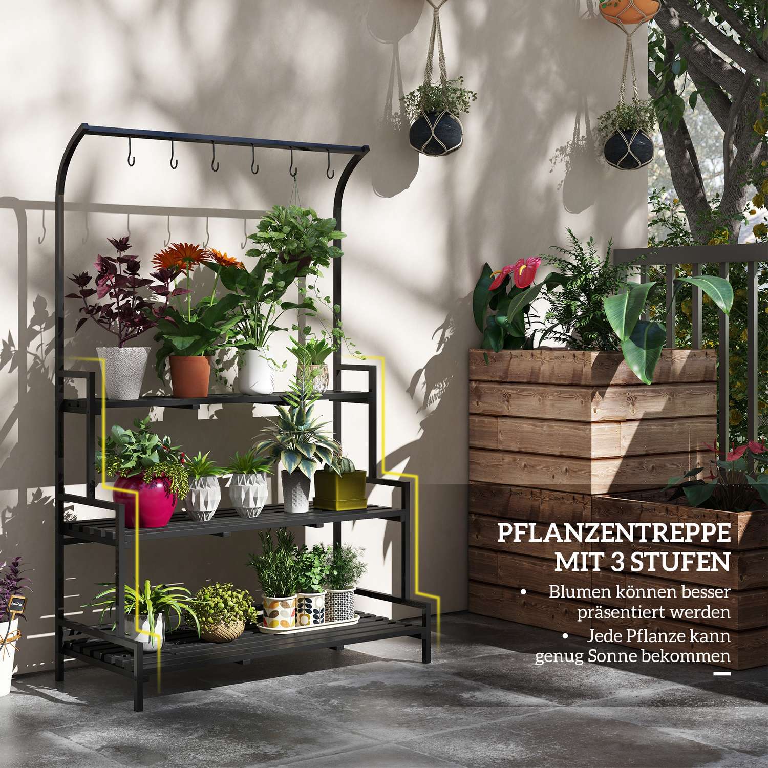 Black Steel Plant Stand – 3 våningar, 6 krokar, 110x50x170cm
