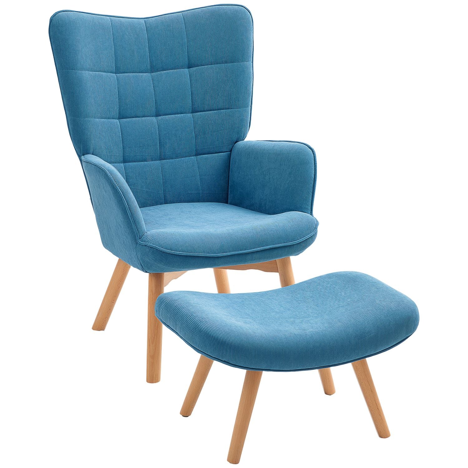 Blå manchester Wingback fåtölj med fotpall, tuftad design