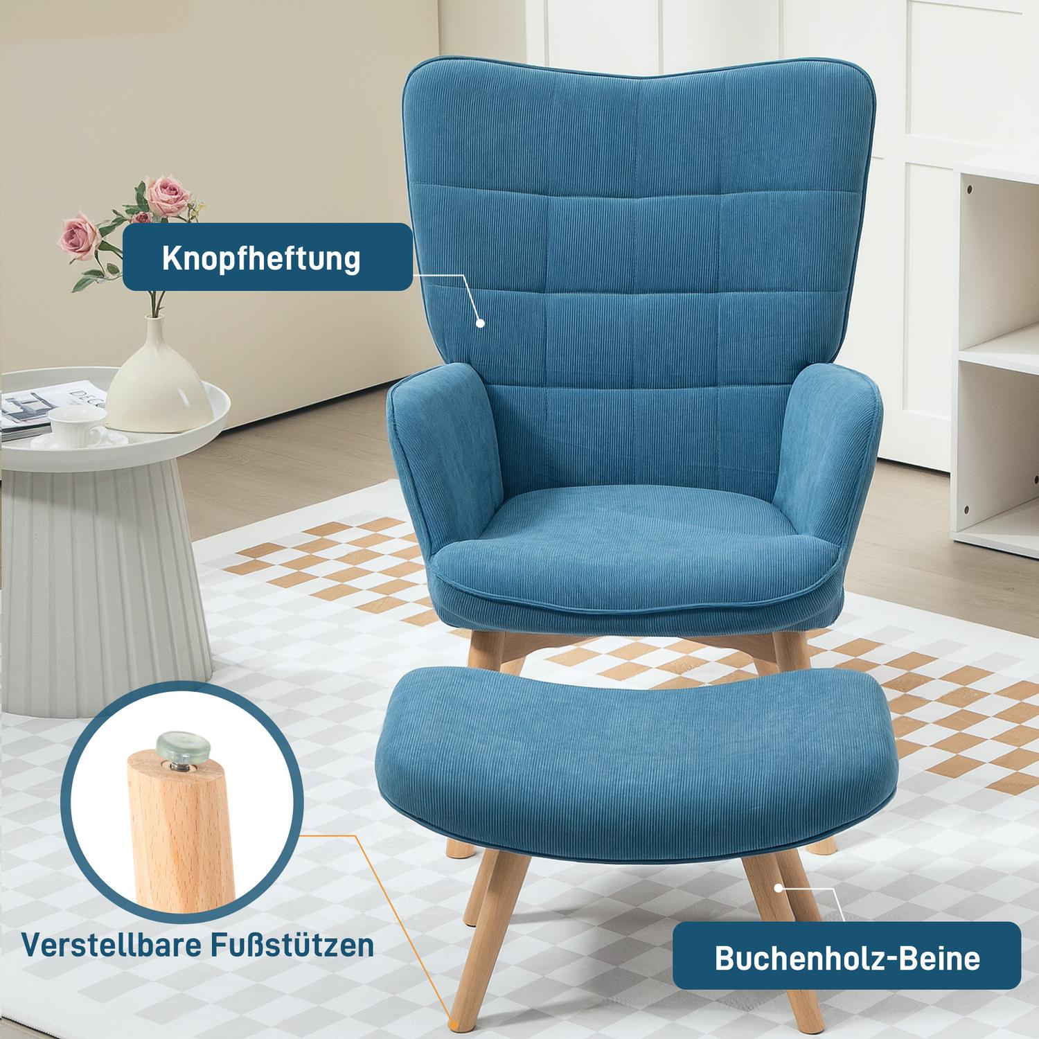 Blå manchester Wingback fåtölj med fotpall, tuftad design