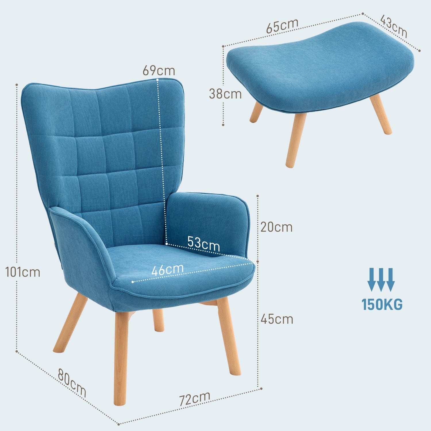 Blå manchester Wingback fåtölj med fotpall, tuftad design
