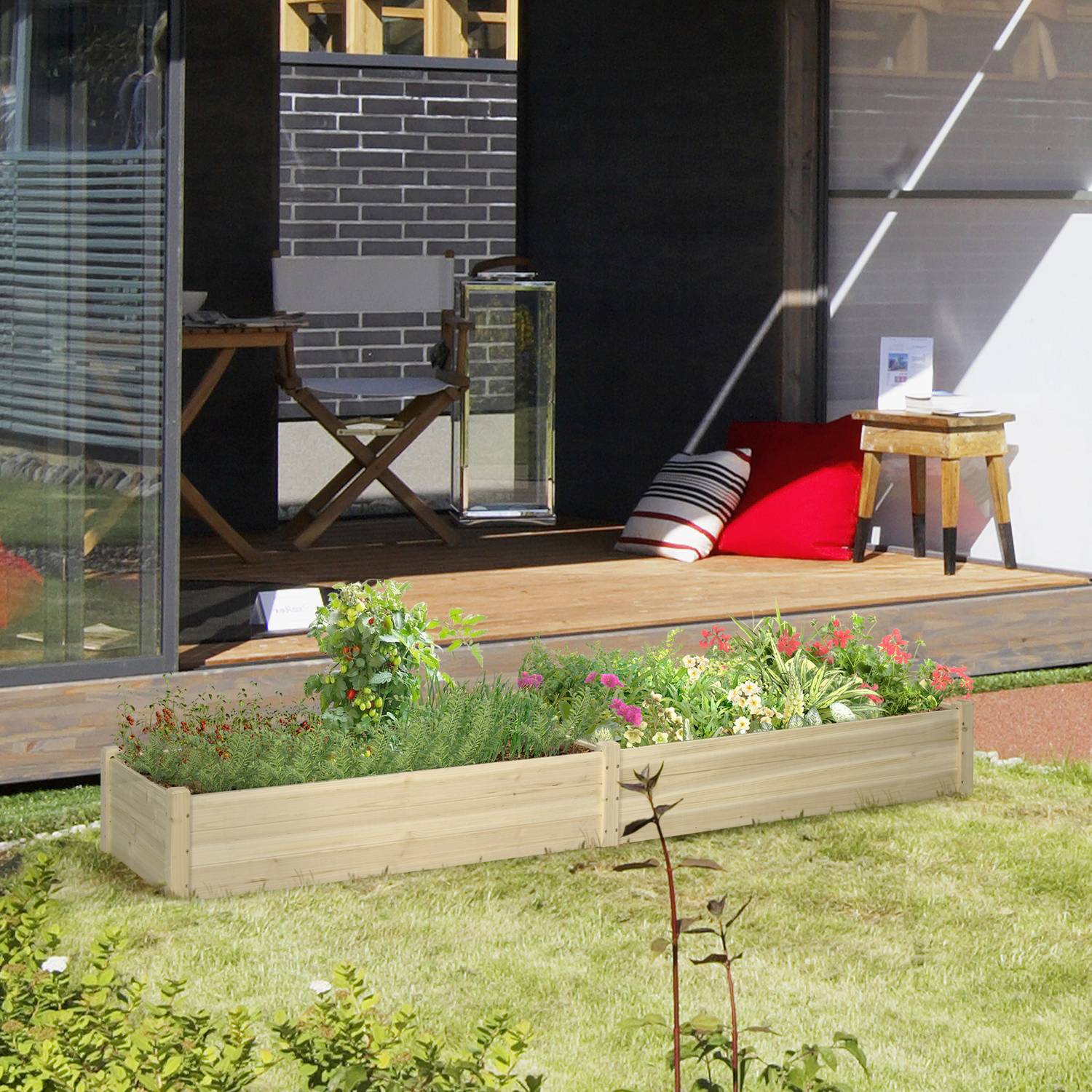 Blommalåda i trä med två sektioner för växter, 244x61,5x27cm