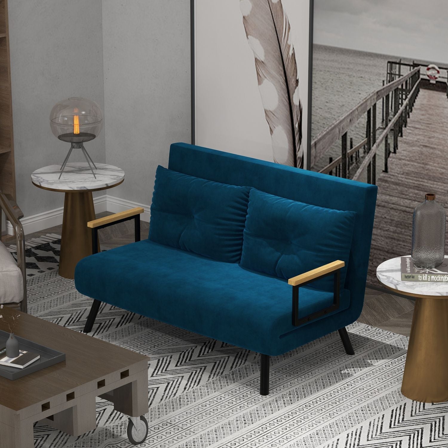 Blue Velvet bäddsoffa, justerbart ryggstöd, hopfällbar design