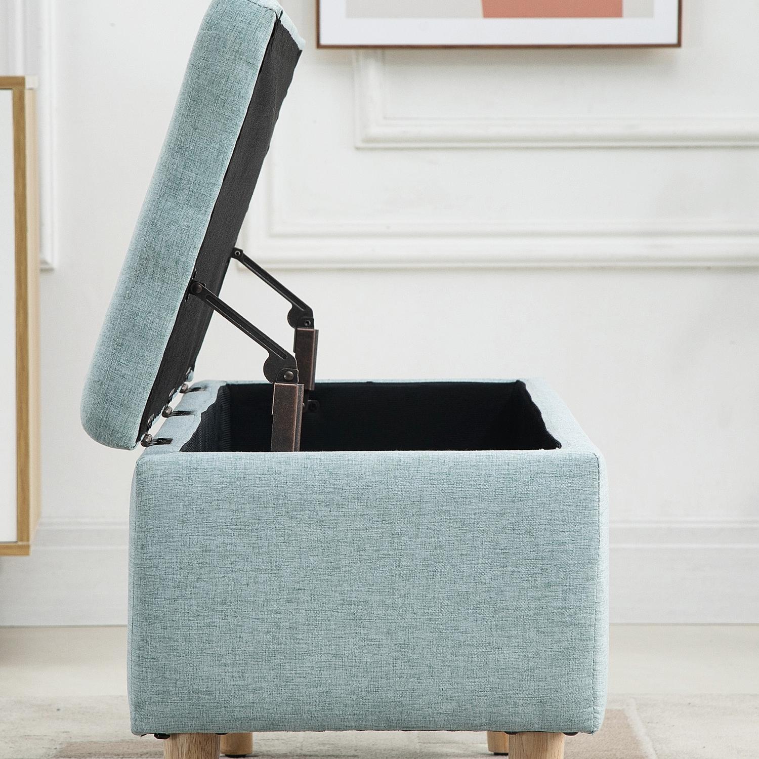 Ljusgrön stoppad bänk med förvaring, linneliknande tyg