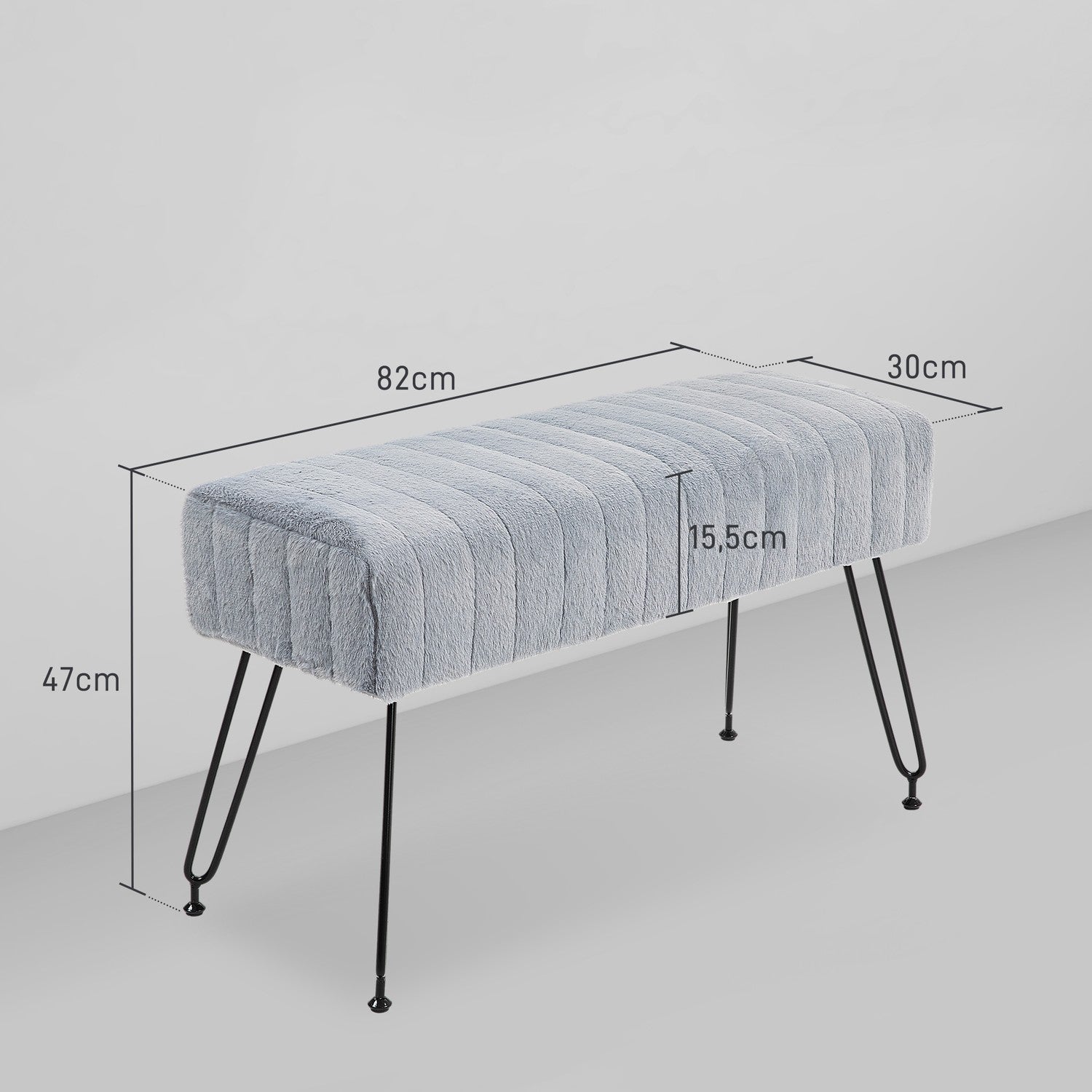 Grå fuskpälsstoppad bänk med metallben – 82 x 30 x 47 cm