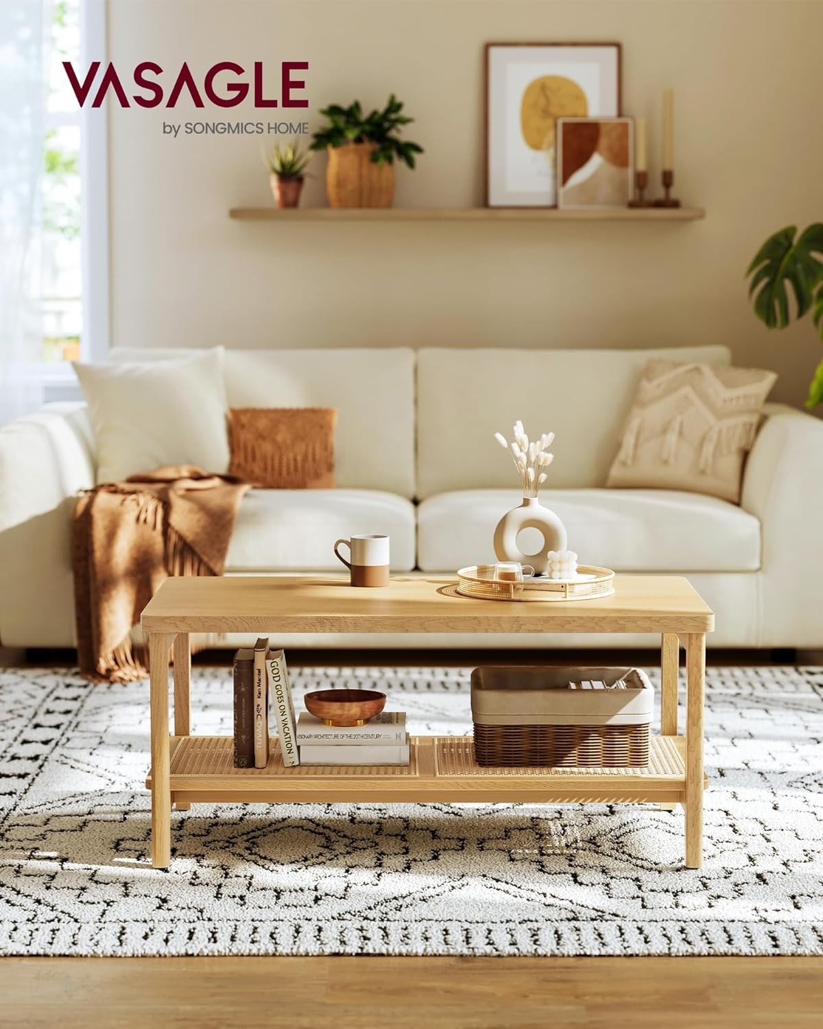 Boho Soffbord med Rottinghylla, Ek Beige