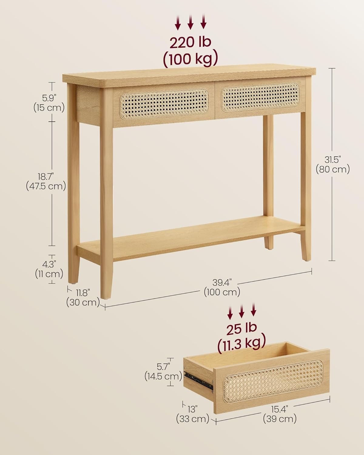 Boho konsolbord med rottinglådor och öppen hylla