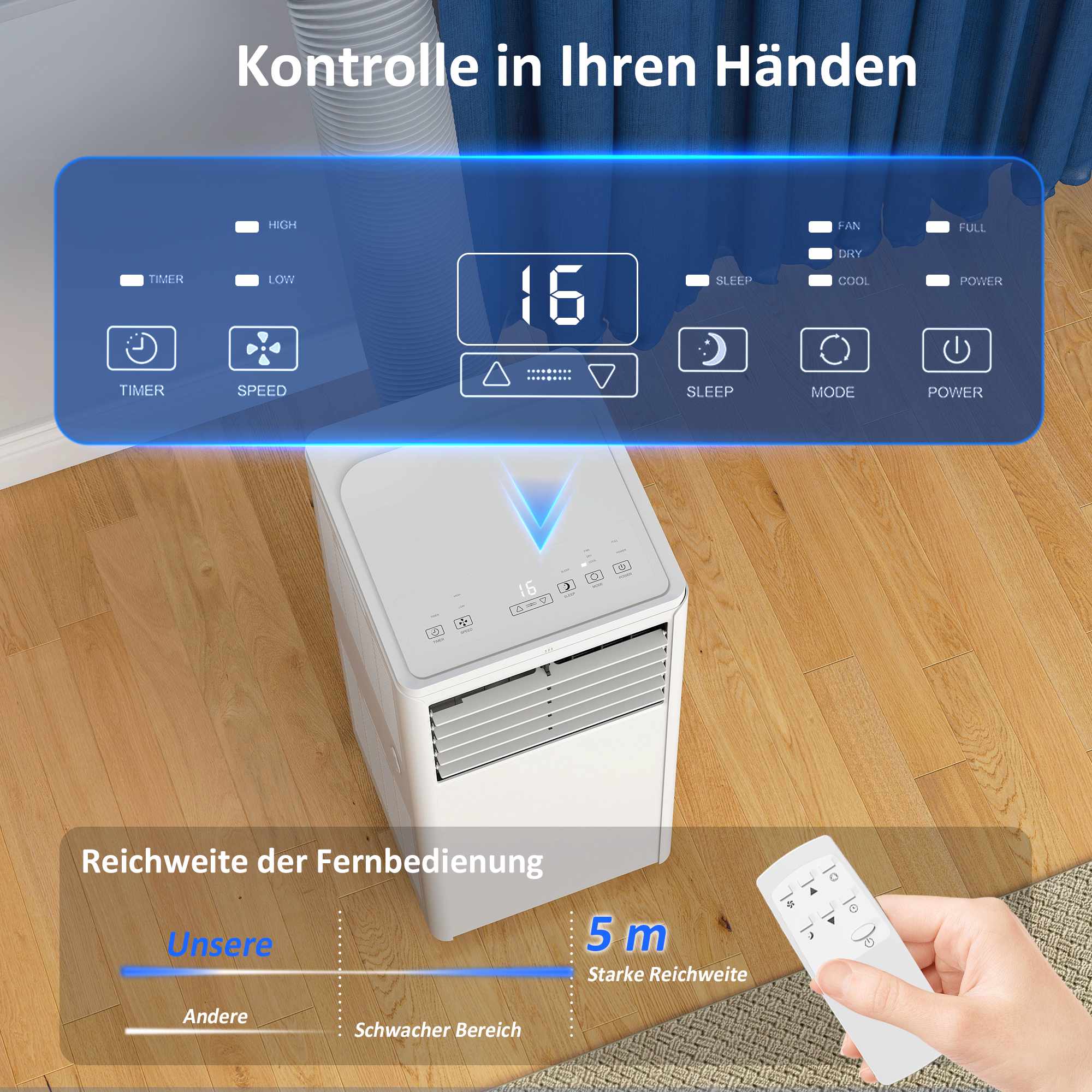 Bärbar luftkonditionering 7000 BTU, 4-i-1-kylning, avfuktare