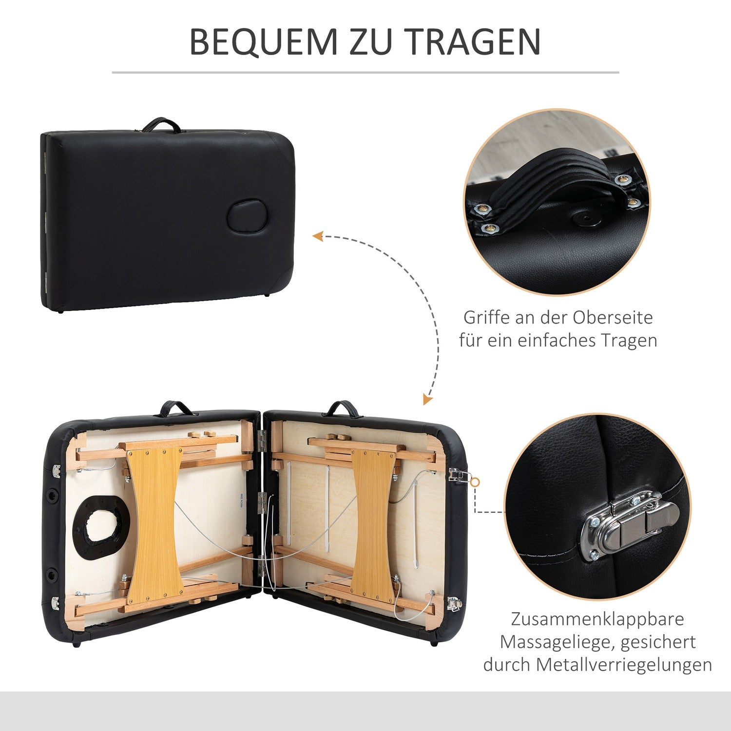 Bärbart hopfällbart massagebord, justerbar höjd, svart