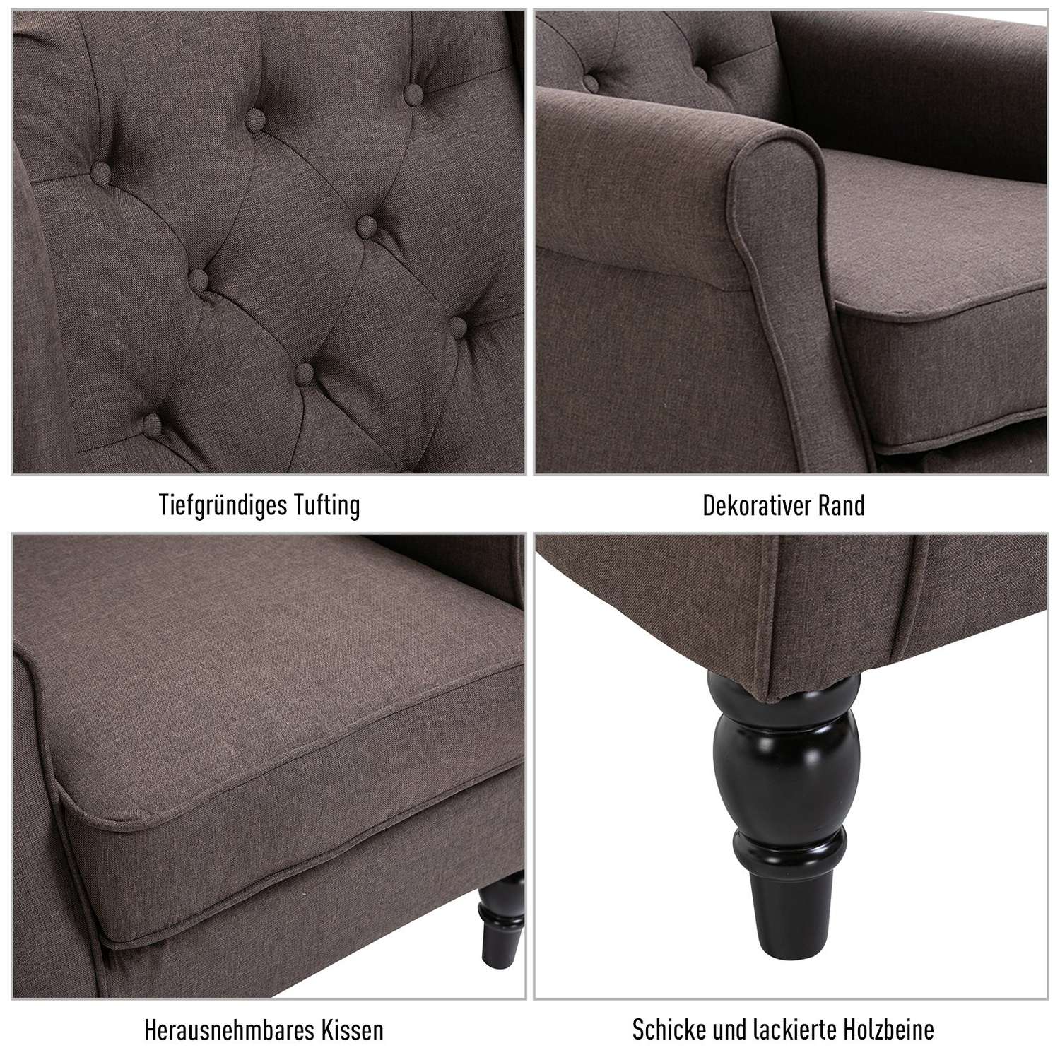 Brun polyester relaxstol, tuftad, 76x86x108 cm